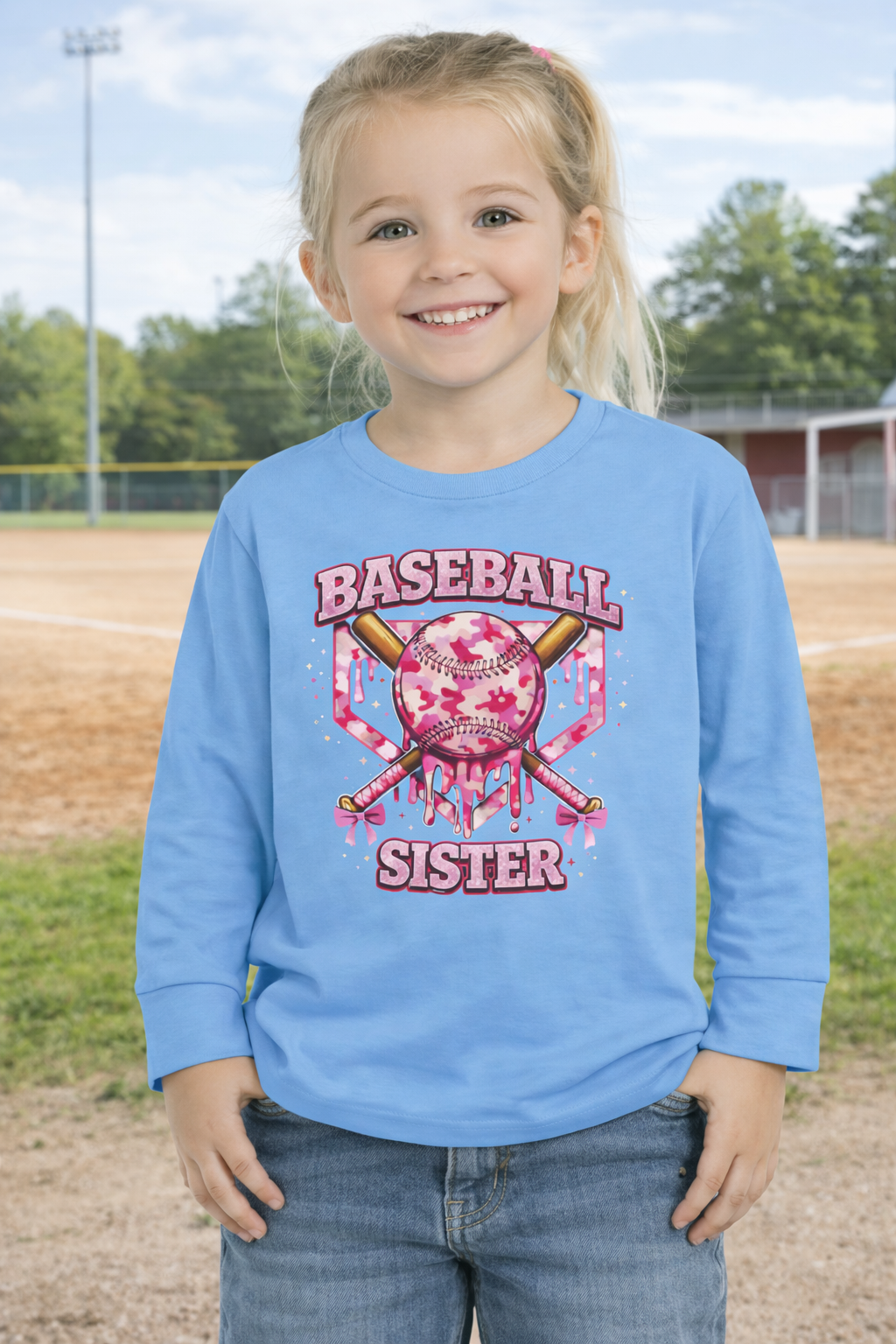 Young girl wearing a blue long-sleeve shirt with 'Baseball Sister' design on a baseball field.