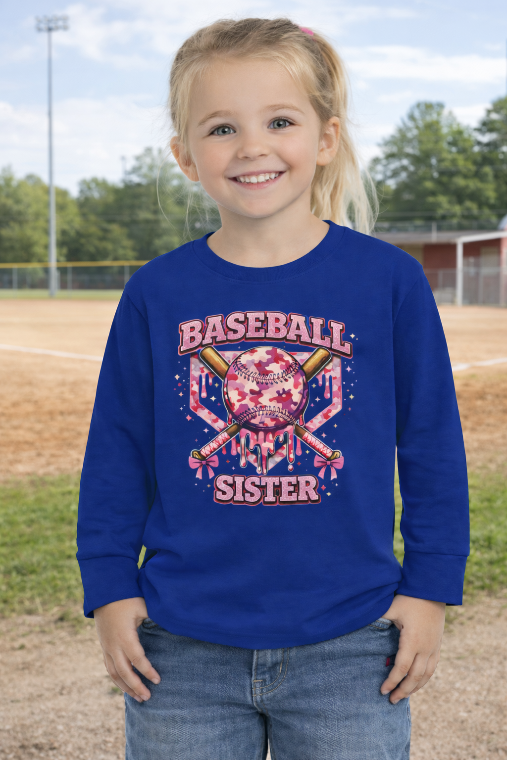 Child wearing a blue sweatshirt with 'Baseball Sister' text and camouflage design on a baseball field.