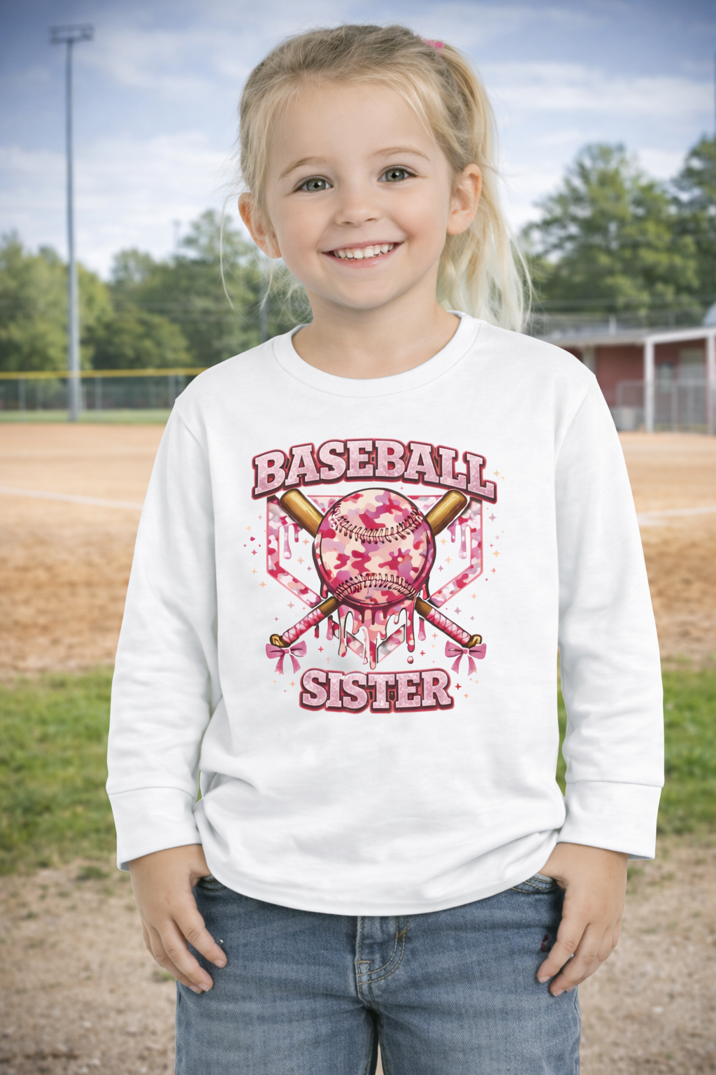 Young girl wearing a white sweatshirt with 'Baseball Sister' design on a baseball field.