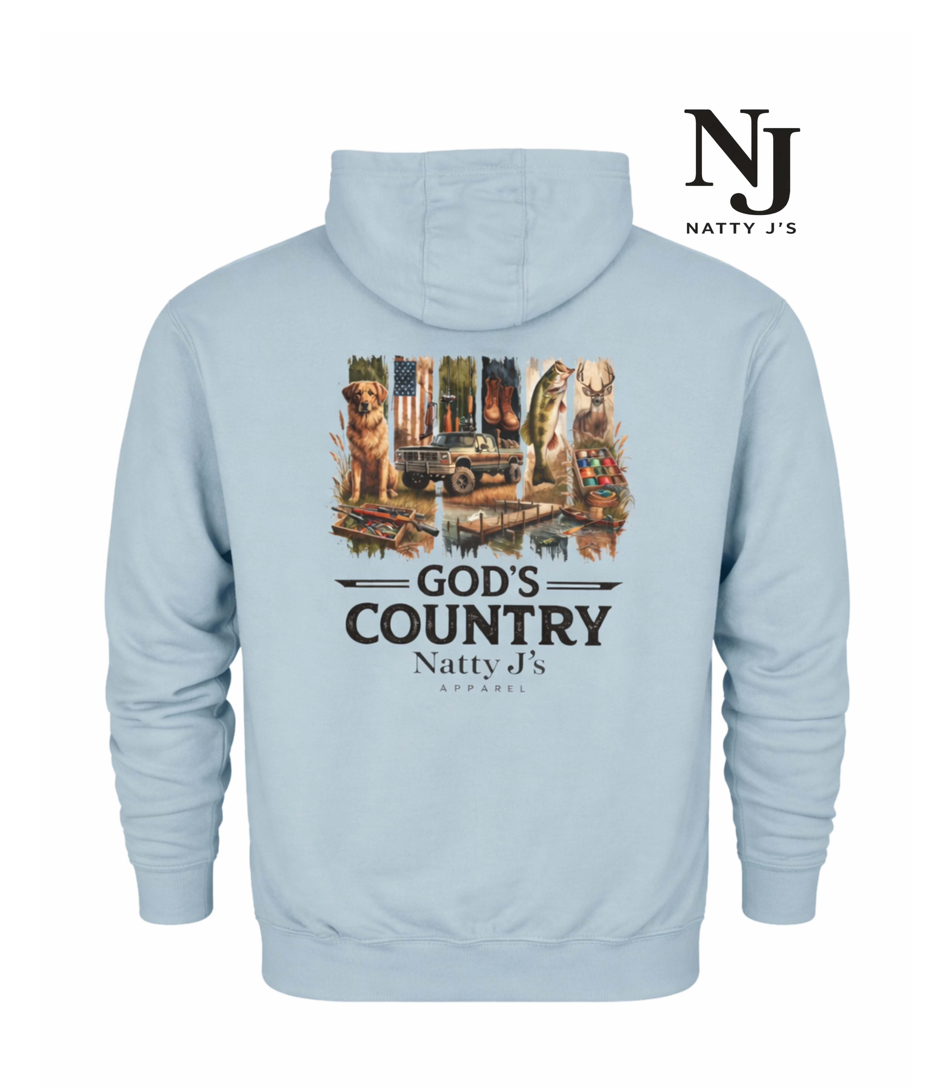 Light blue hoodie with 'God's Country' graphic and Natty J's branding on a white background