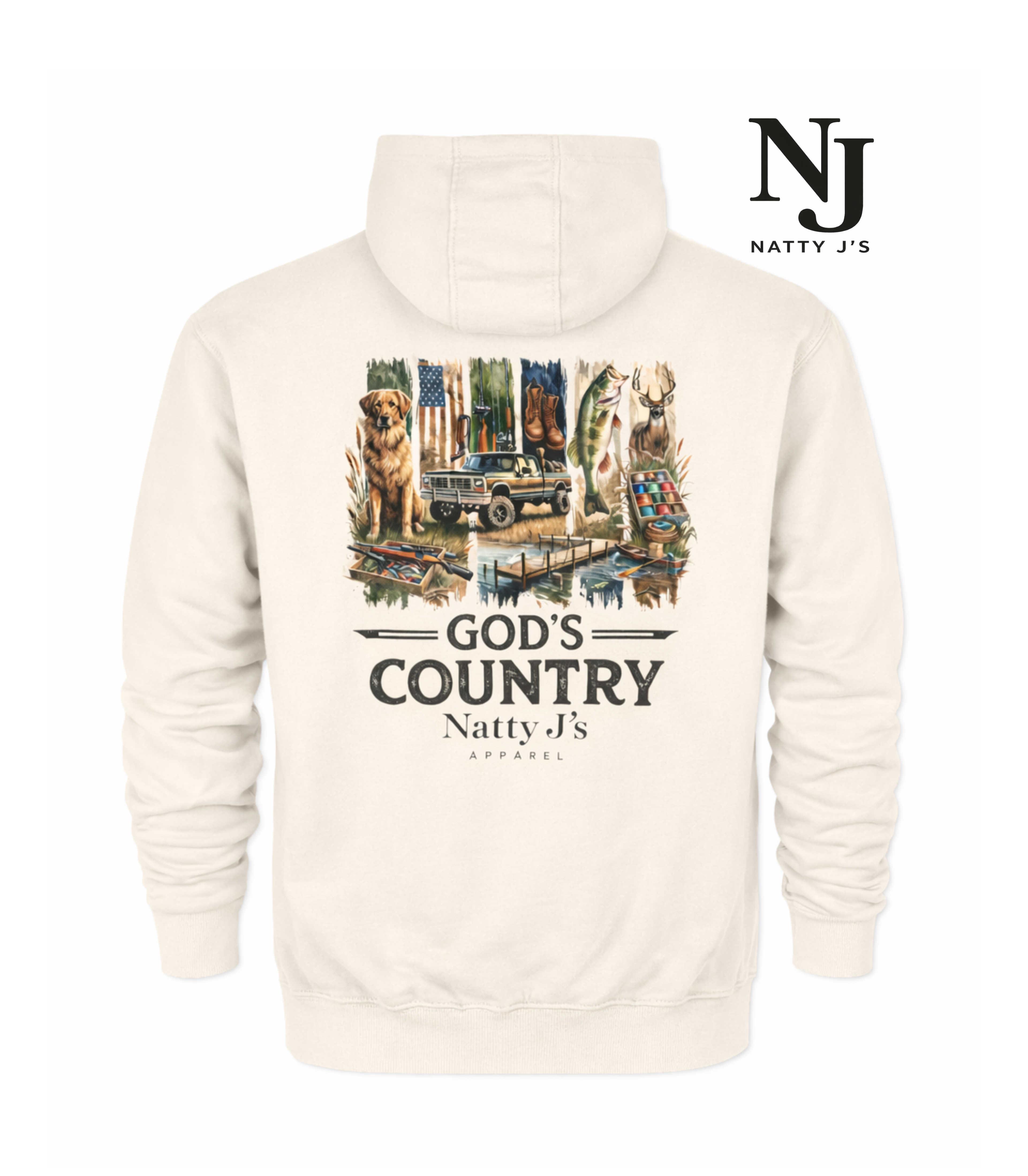 Beige hoodie with 'God's Country' graphic and Natty J's branding on a white background