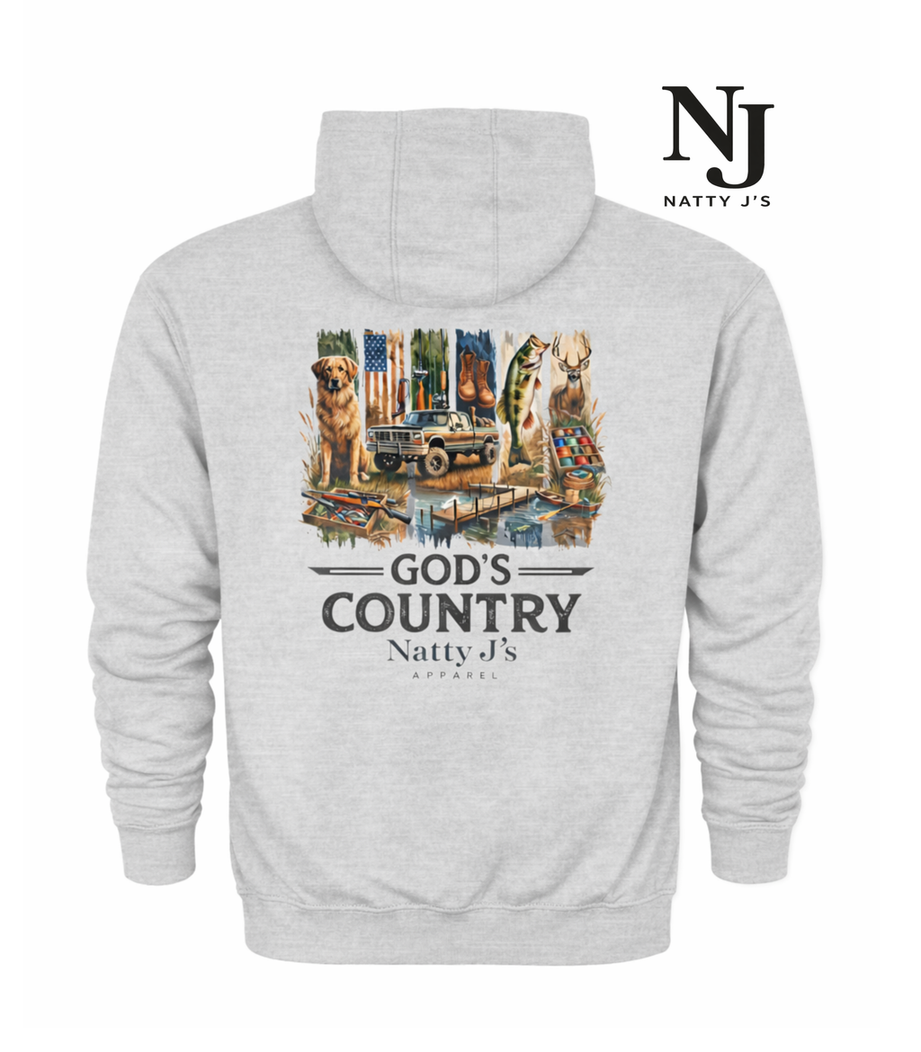 Gray hoodie with 'God's Country' graphic and Natty J's logo on a white background