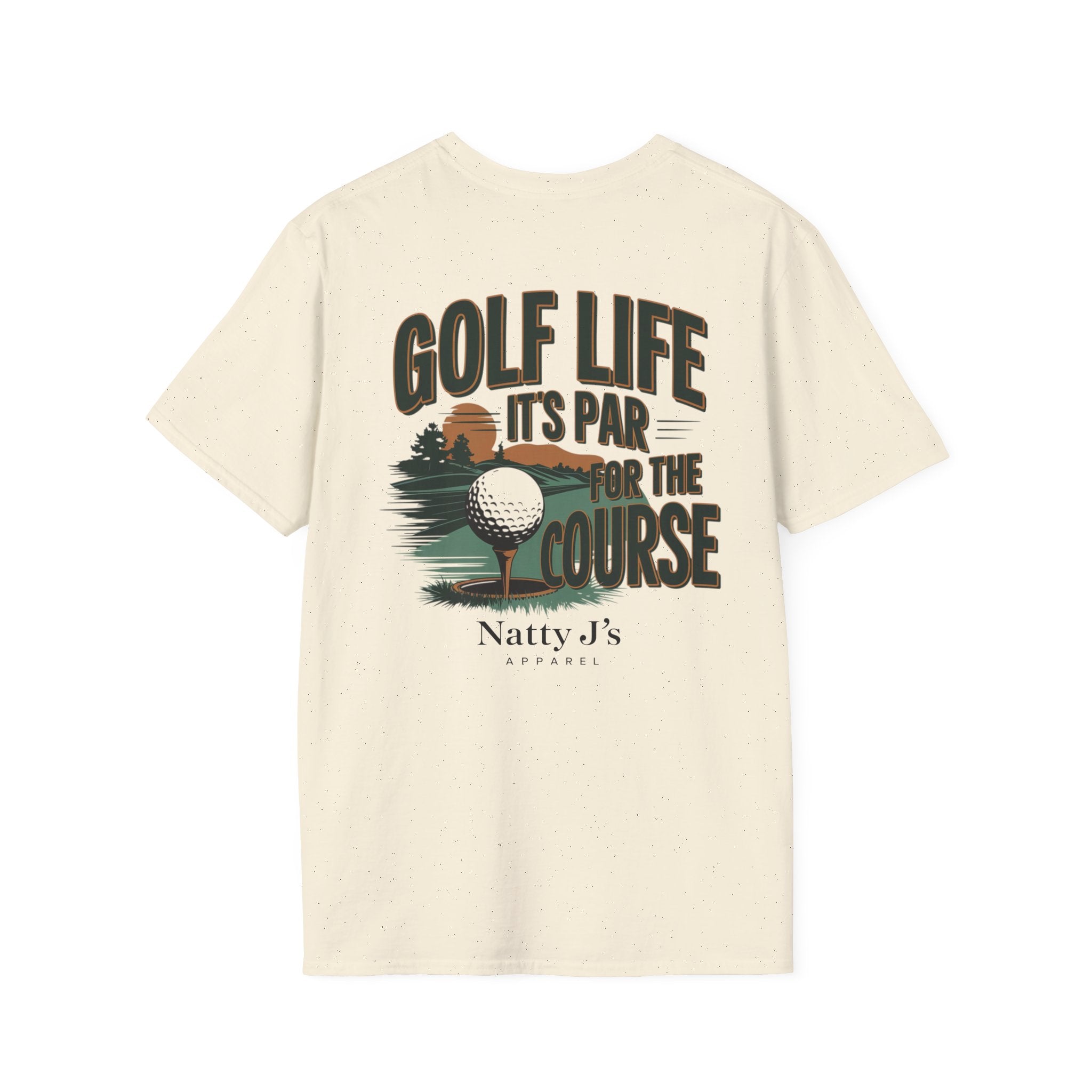 Beige (natural) t-shirt with golf-themed graphic and 'Golf Life Its par for the course' text featuring 'Natty J's Apparel' Branding 