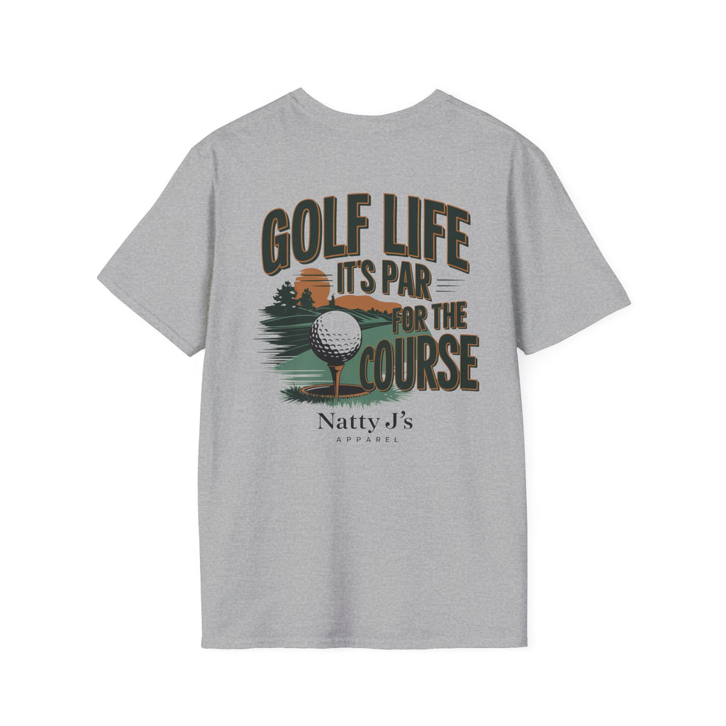 Gray t-shirt with golf-themed graphic and 'Golf Life Its par for the course' text featuring 'Natty J's Apparel' Branding 
