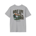 Gray t-shirt with golf-themed graphic and 'Golf Life Its par for the course' text featuring 'Natty J's Apparel' Branding 