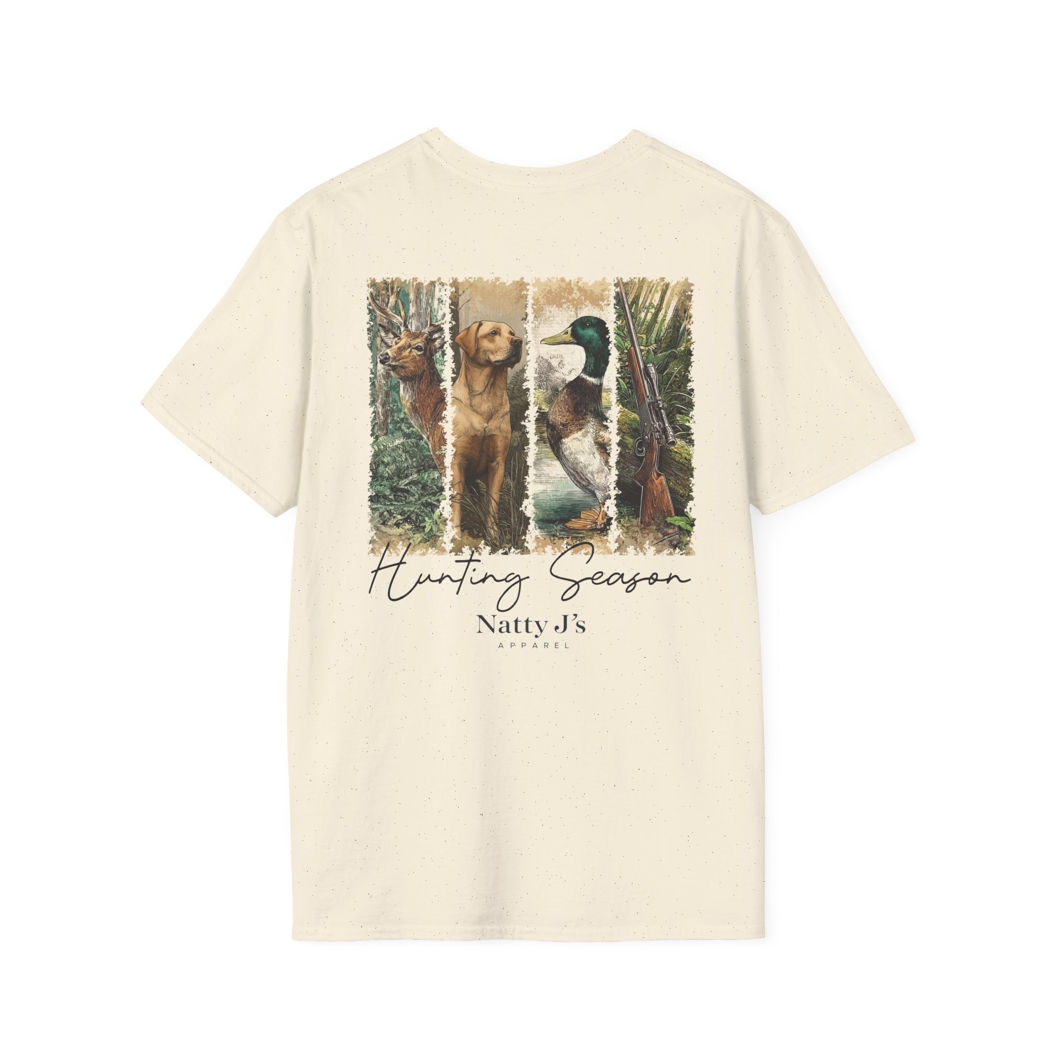 Beige t-shirt with hunting-themed graphic and 'NJ Natty J's' Left Chest logo 
