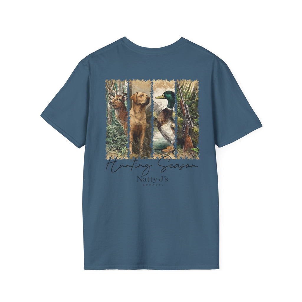Blue (indigo Blue) t-shirt with hunting-themed graphic and 'Natty J's Apparel' branding