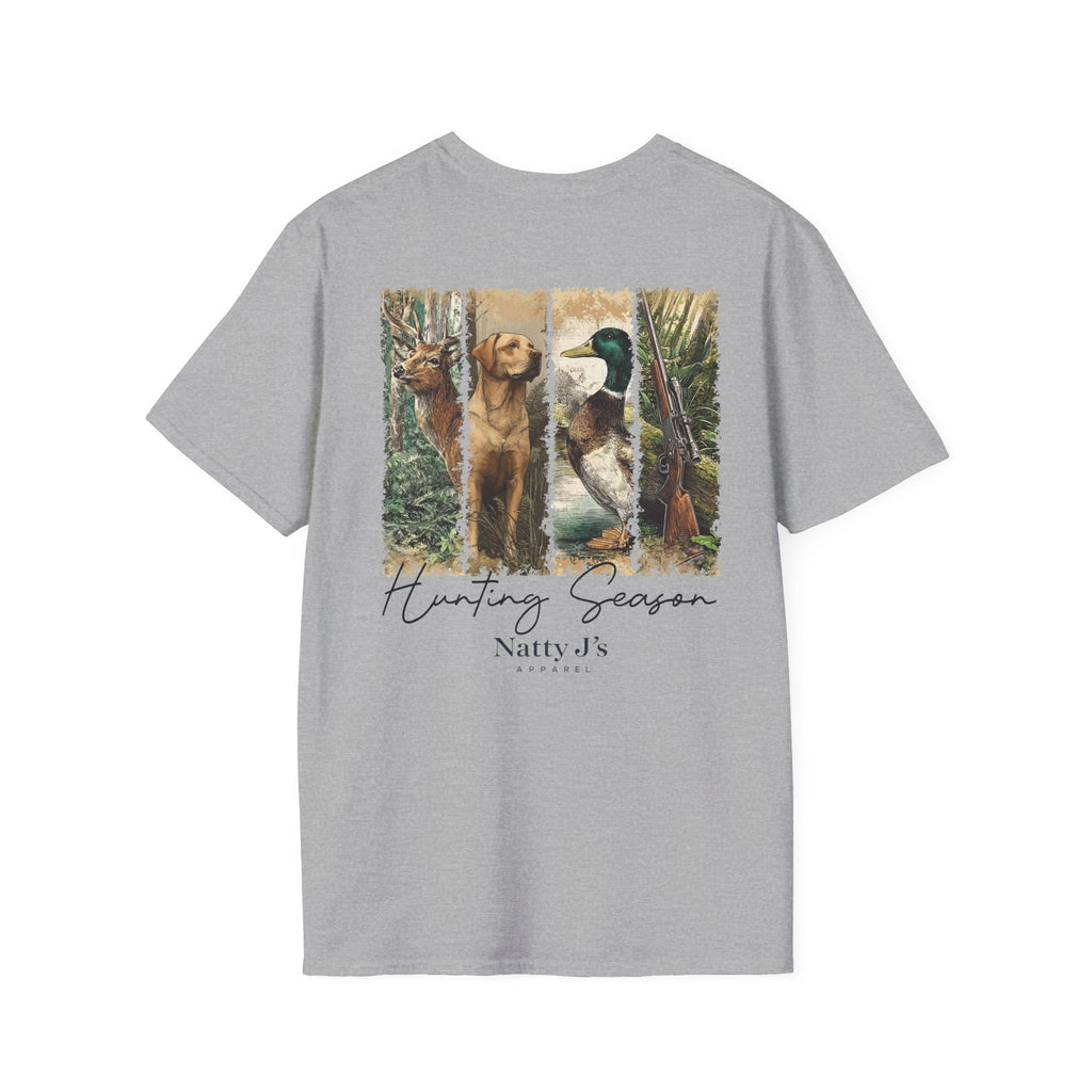 Gray t-shirt with hunting-themed graphic and 'Natty J's Apparel' branding