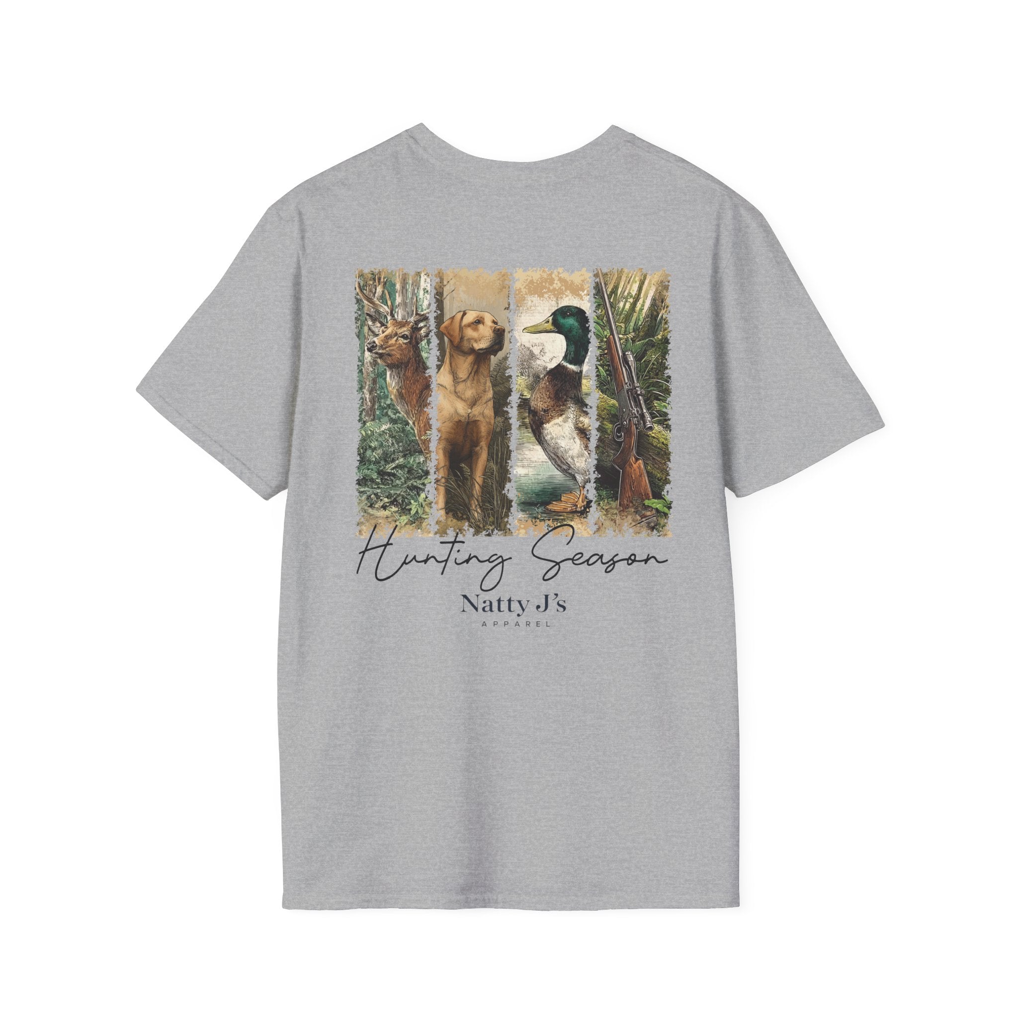 Gray t-shirt with hunting-themed graphic and 'Natty J's Apparel' branding