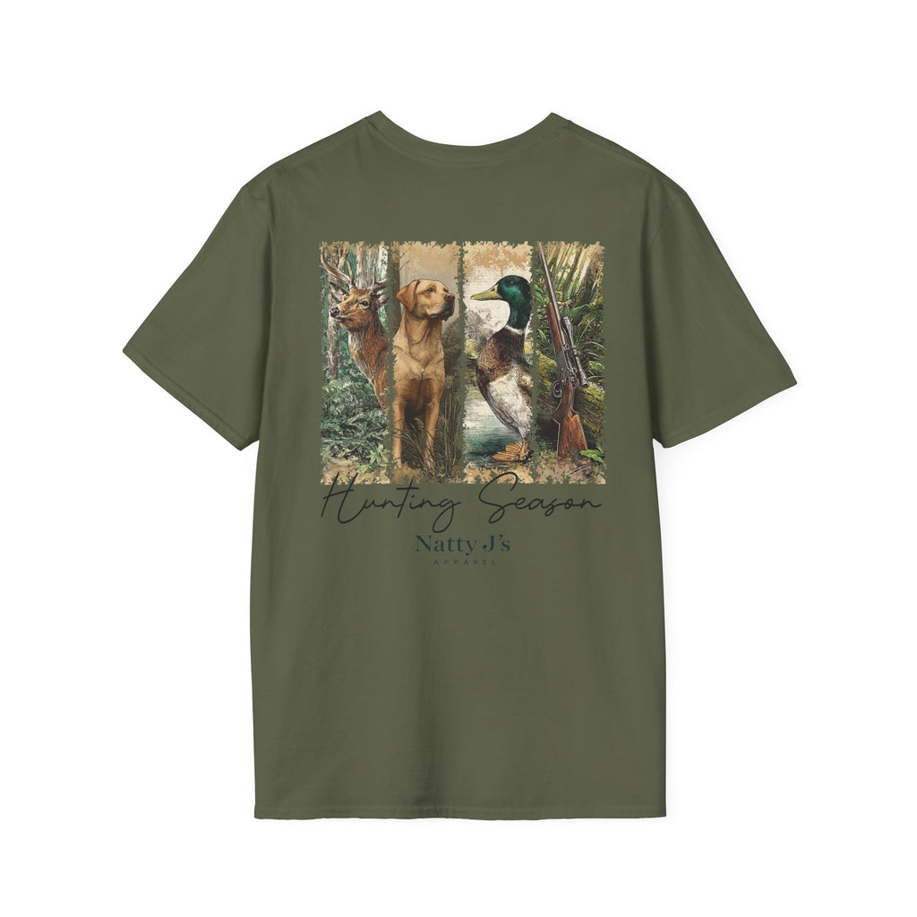 Green (Military Green) t-shirt with hunting-themed graphic and 'Natty J's Apparel' branding