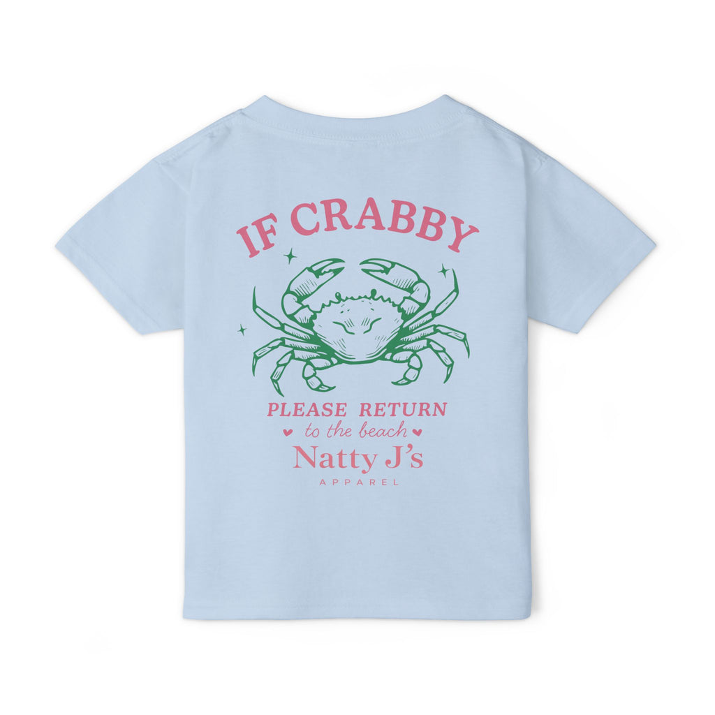 Light Blue Funny kids beach t-shirt featuring crab graphic and “If Crabby Please Return to the Beach” quote. Perfect youth summer shirt for beach trips and vacations. Featuring NattyJ's Apparel