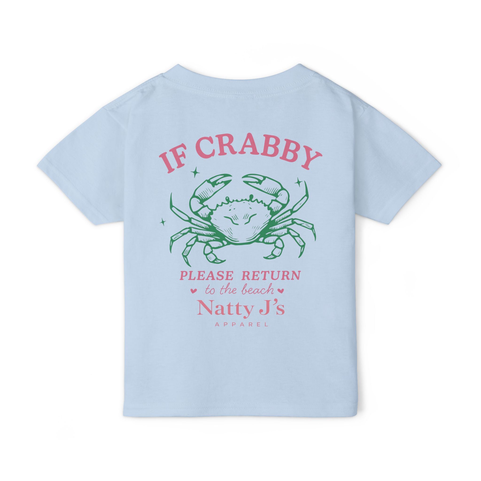 Light Blue Funny kids beach t-shirt featuring crab graphic and “If Crabby Please Return to the Beach” quote. Perfect youth summer shirt for beach trips and vacations. Featuring NattyJ's Apparel