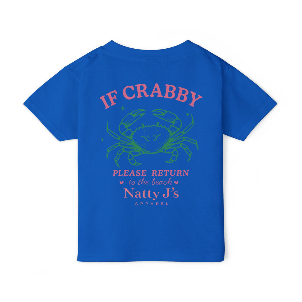 Blue Funny kids beach t-shirt featuring crab graphic and “If Crabby Please Return to the Beach” quote. Perfect youth summer shirt for beach trips and vacations Featuring NattyJ's Apparel
