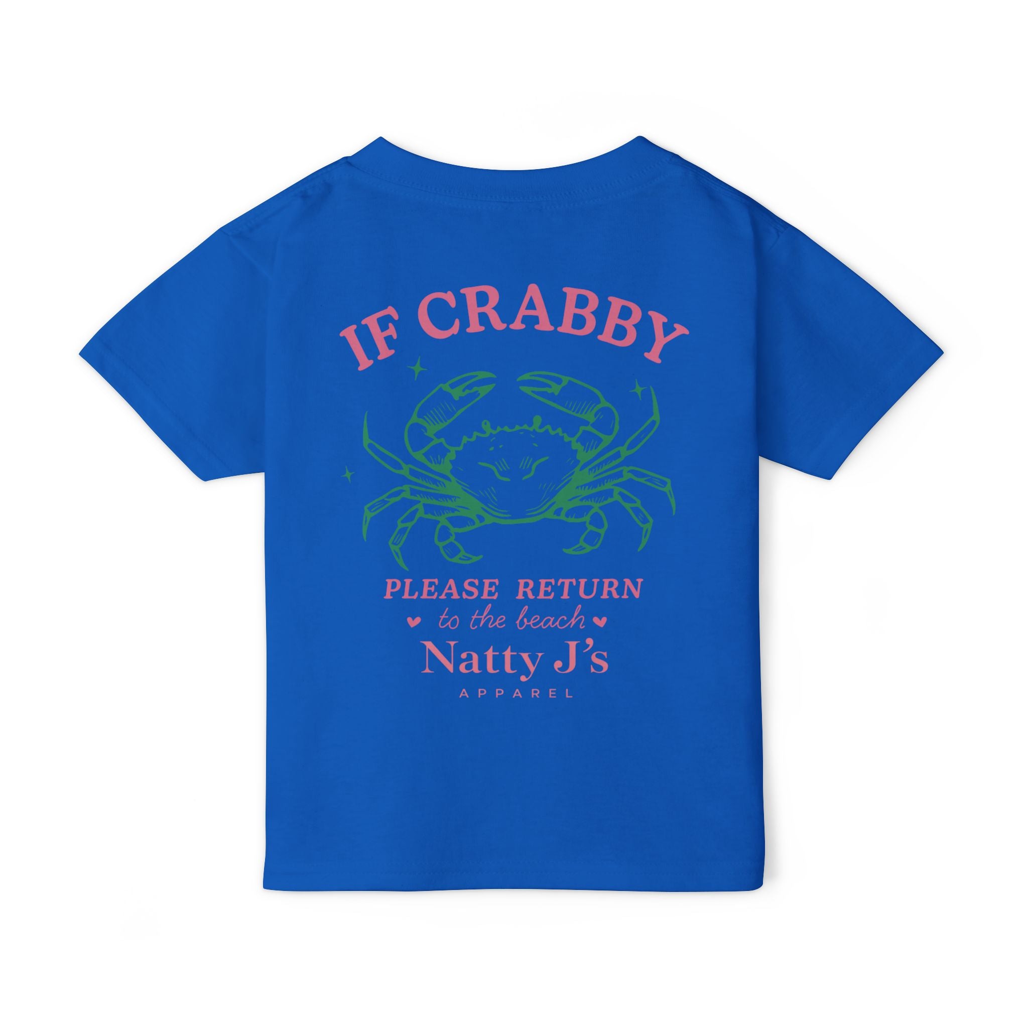 Blue Funny kids beach t-shirt featuring crab graphic and “If Crabby Please Return to the Beach” quote. Perfect youth summer shirt for beach trips and vacations Featuring NattyJ's Apparel