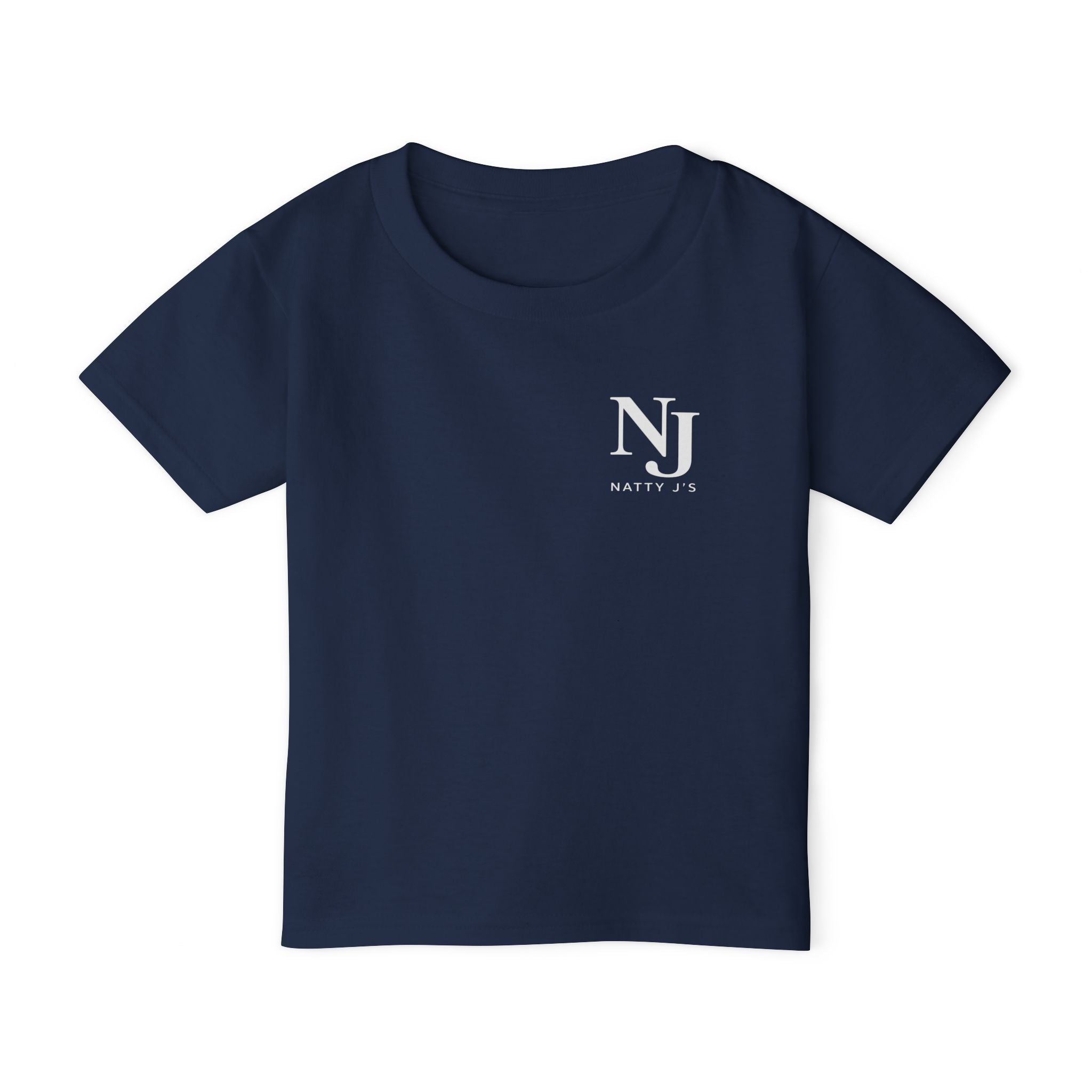 Navy blue t-shirt with a "NJ NattyJ's" left chest logo on a white background