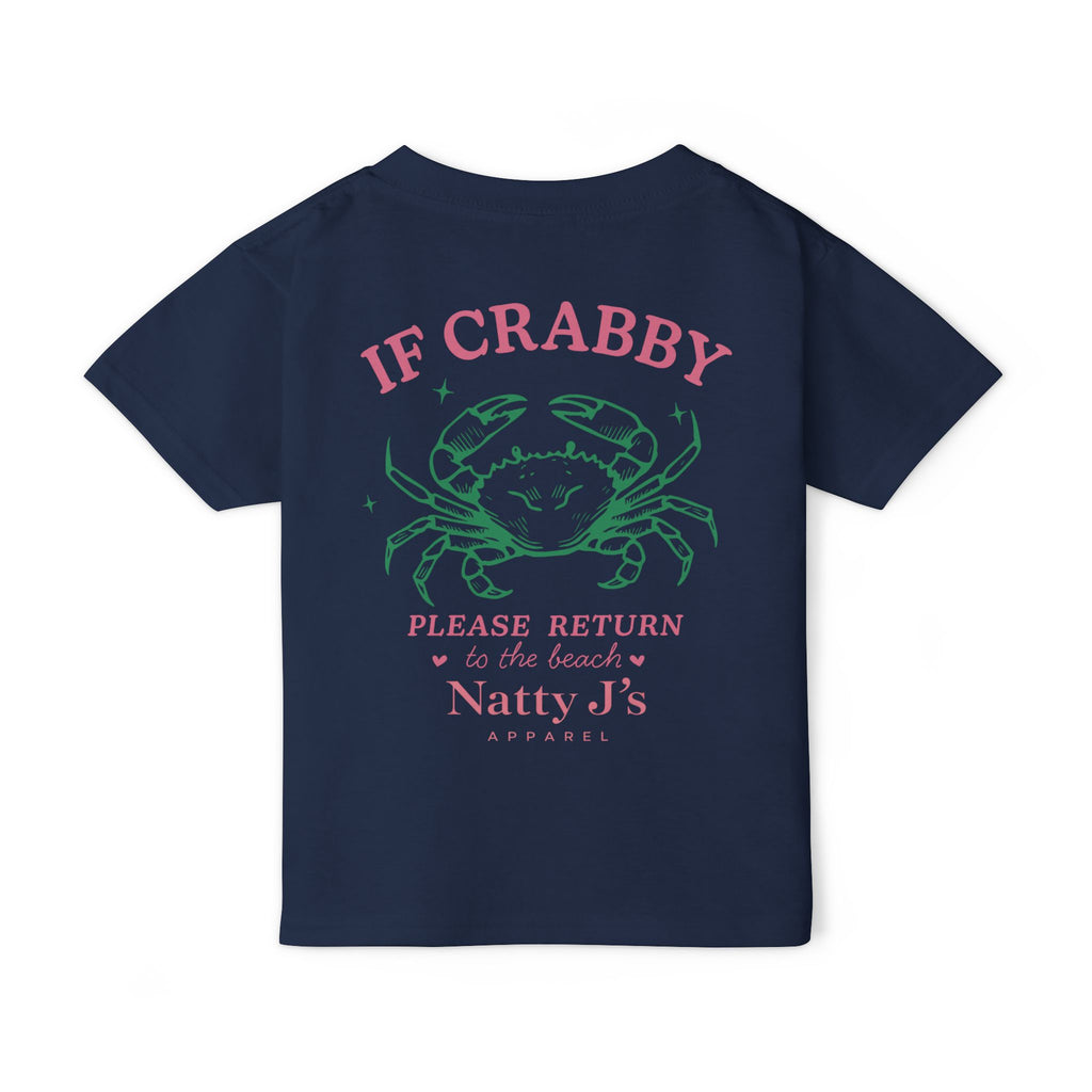 Navy Blue Funny kids beach t-shirt featuring crab graphic and “If Crabby Please Return to the Beach” quote. Perfect youth summer shirt for beach trips and vacations Featuring NattyJ's Apparel