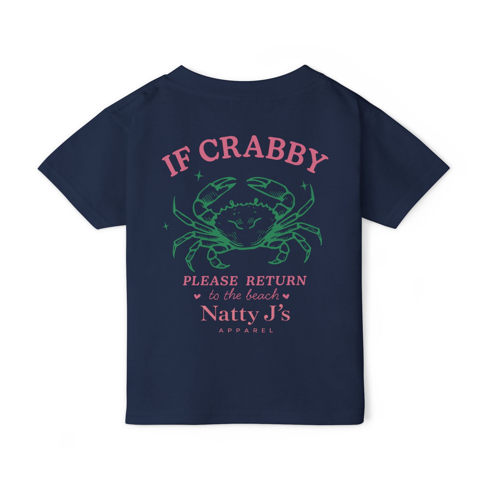 Navy Blue Funny kids beach t-shirt featuring crab graphic and “If Crabby Please Return to the Beach” quote. Perfect youth summer shirt for beach trips and vacations Featuring NattyJ's Apparel