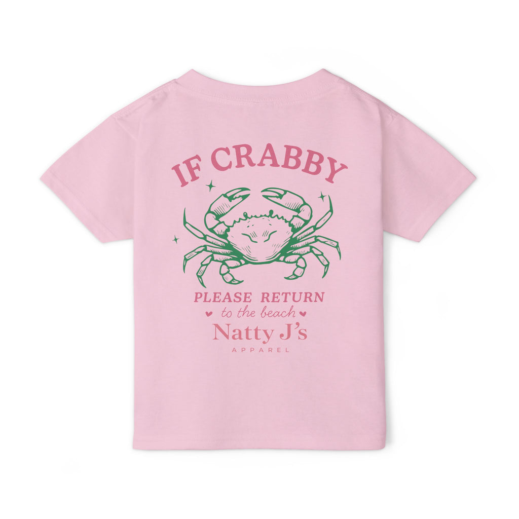 Pink Funny kids beach t-shirt featuring crab graphic and “If Crabby Please Return to the Beach” quote. Perfect youth summer shirt for beach trips and vacations. Featuring NattyJ's Apparel 