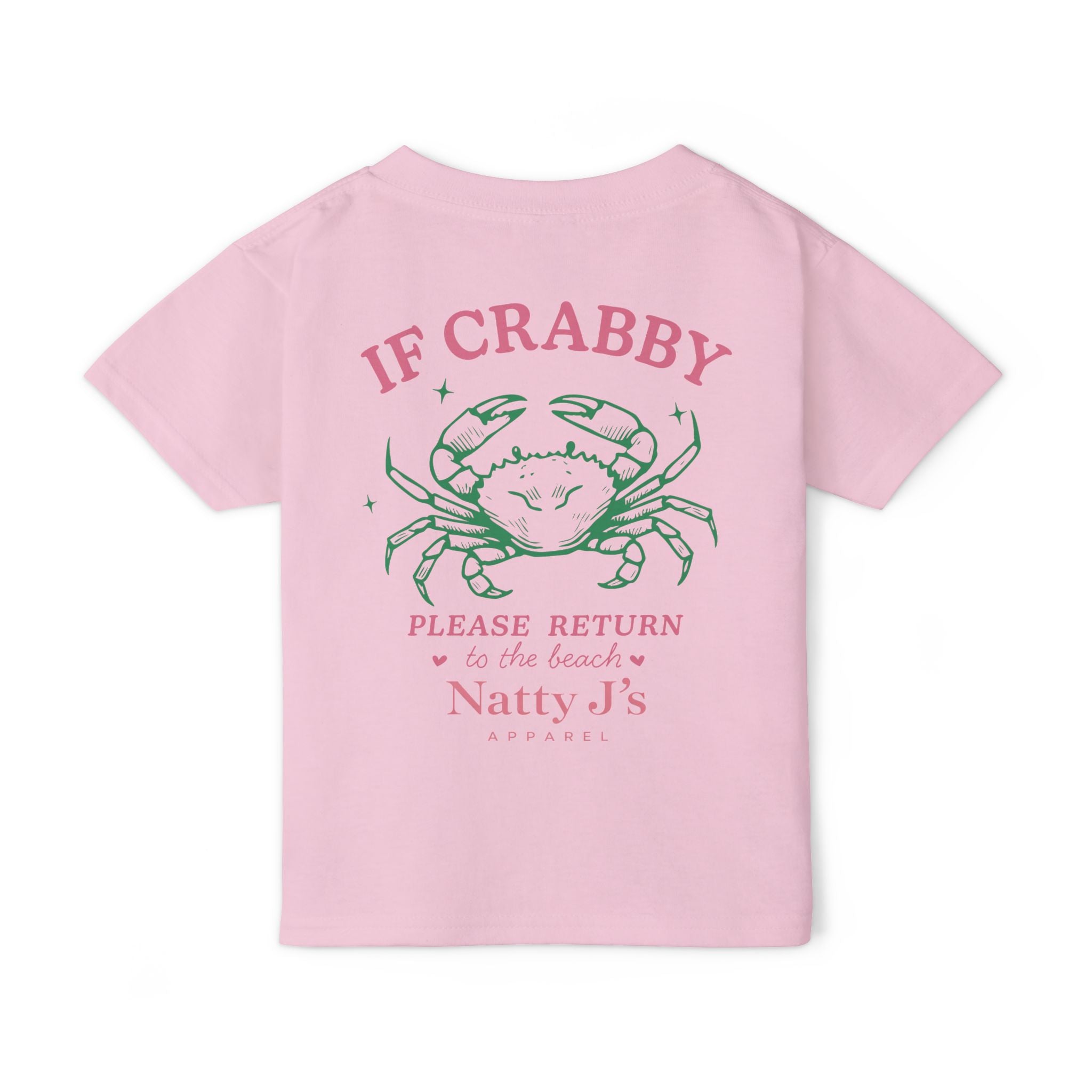 Pink Funny kids beach t-shirt featuring crab graphic and “If Crabby Please Return to the Beach” quote. Perfect youth summer shirt for beach trips and vacations. Featuring NattyJ's Apparel 