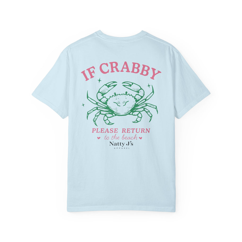 Light Blue (chambray) womens funny beach shirt with crab graphic and if crabby please return to the beach quote on light blue t-shirt
coastal womens graphic tee with crab illustration and pastel summer design
cute beach shirt for women with humorous ocean themed quote
summer vacation shirt for women with crab design and beach saying
trendy womens coastal t-shirt with funny beach phrase featuring NattyJ's Apparel