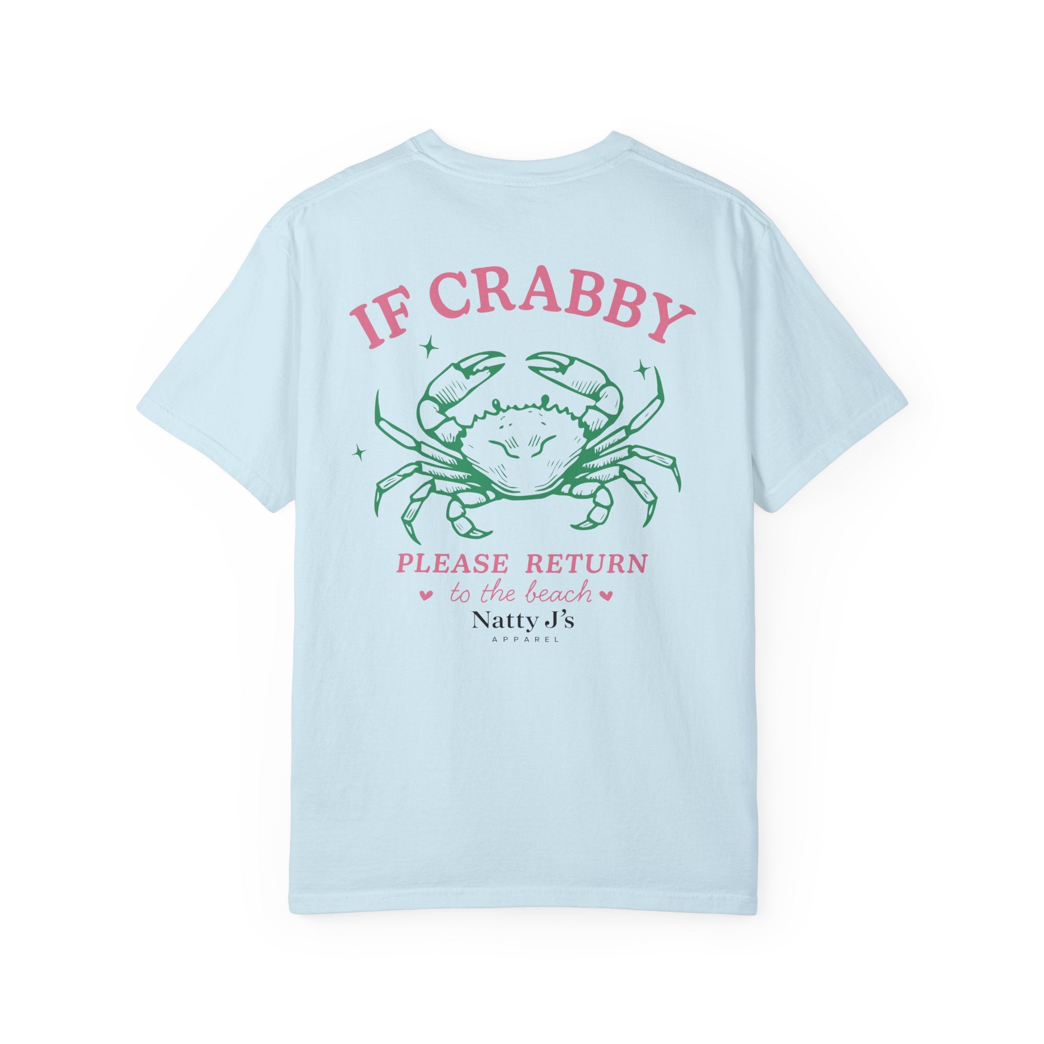Light Blue (chambray) womens funny beach shirt with crab graphic and if crabby please return to the beach quote on light blue t-shirt
coastal womens graphic tee with crab illustration and pastel summer design
cute beach shirt for women with humorous ocean themed quote
summer vacation shirt for women with crab design and beach saying
trendy womens coastal t-shirt with funny beach phrase featuring NattyJ's Apparel
