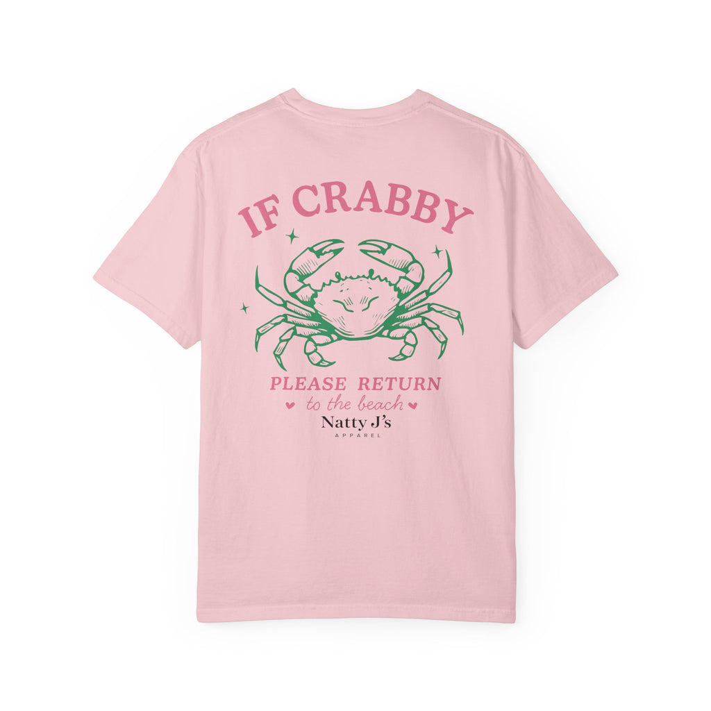 Pink (Blossom) womens funny beach shirt with crab graphic and if crabby please return to the beach quote on light blue t-shirt
coastal womens graphic tee with crab illustration and pastel summer design
cute beach shirt for women with humorous ocean themed quote
summer vacation shirt for women with crab design and beach saying
trendy womens coastal t-shirt with funny beach phrase featuring NattyJ's Apparel