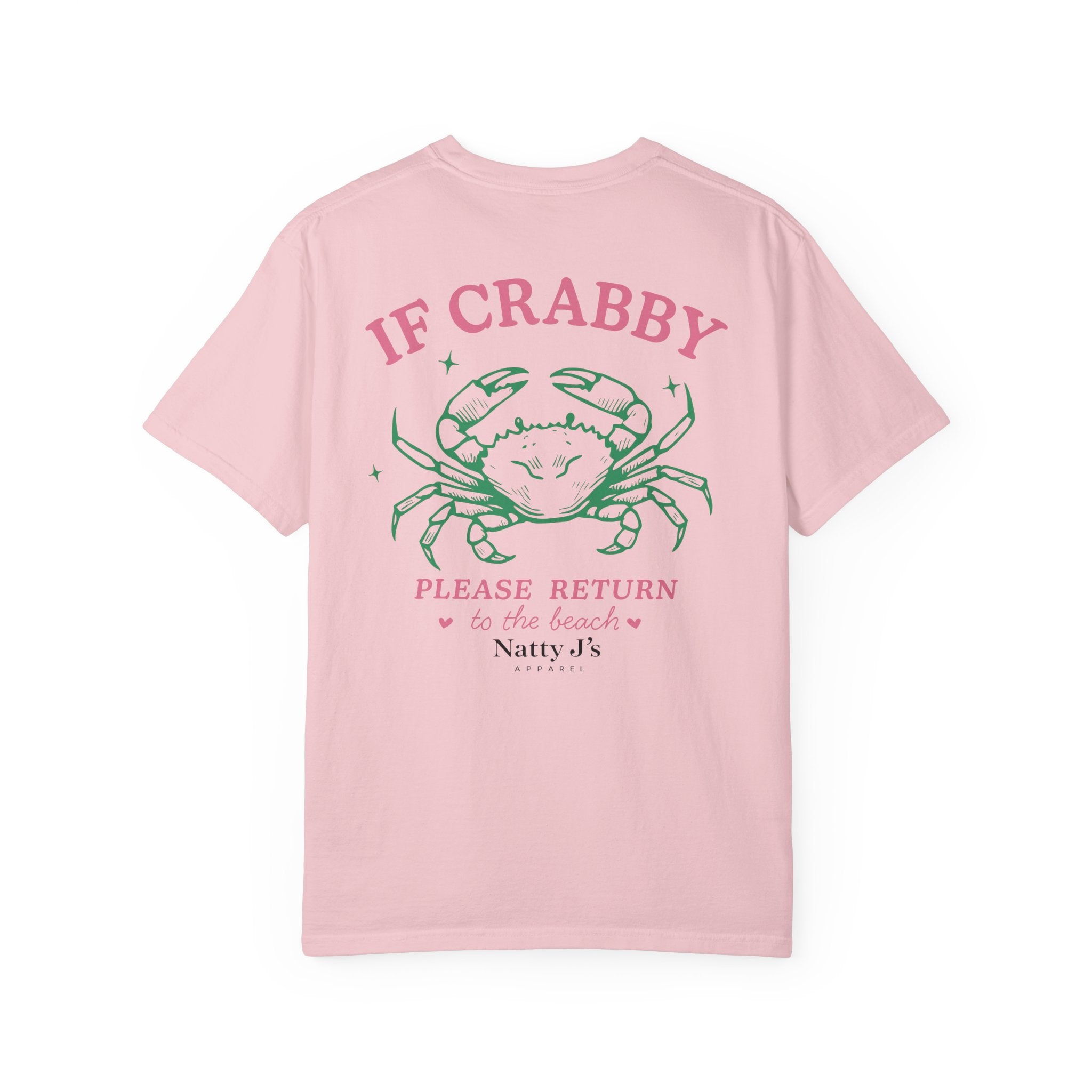 Pink (Blossom) womens funny beach shirt with crab graphic and if crabby please return to the beach quote on light blue t-shirt
coastal womens graphic tee with crab illustration and pastel summer design
cute beach shirt for women with humorous ocean themed quote
summer vacation shirt for women with crab design and beach saying
trendy womens coastal t-shirt with funny beach phrase featuring NattyJ's Apparel