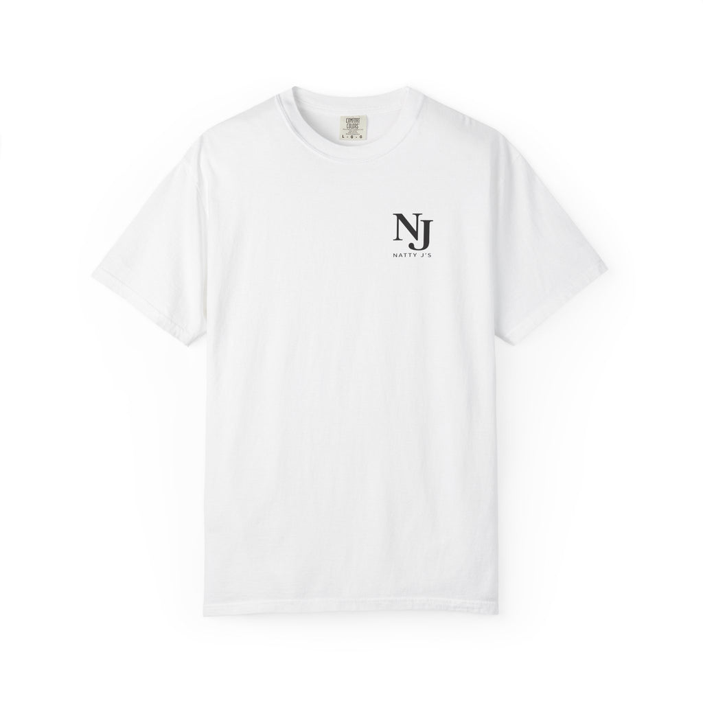 White t-shirt with 'NJ NattyJ's' left chest logo text on a white background