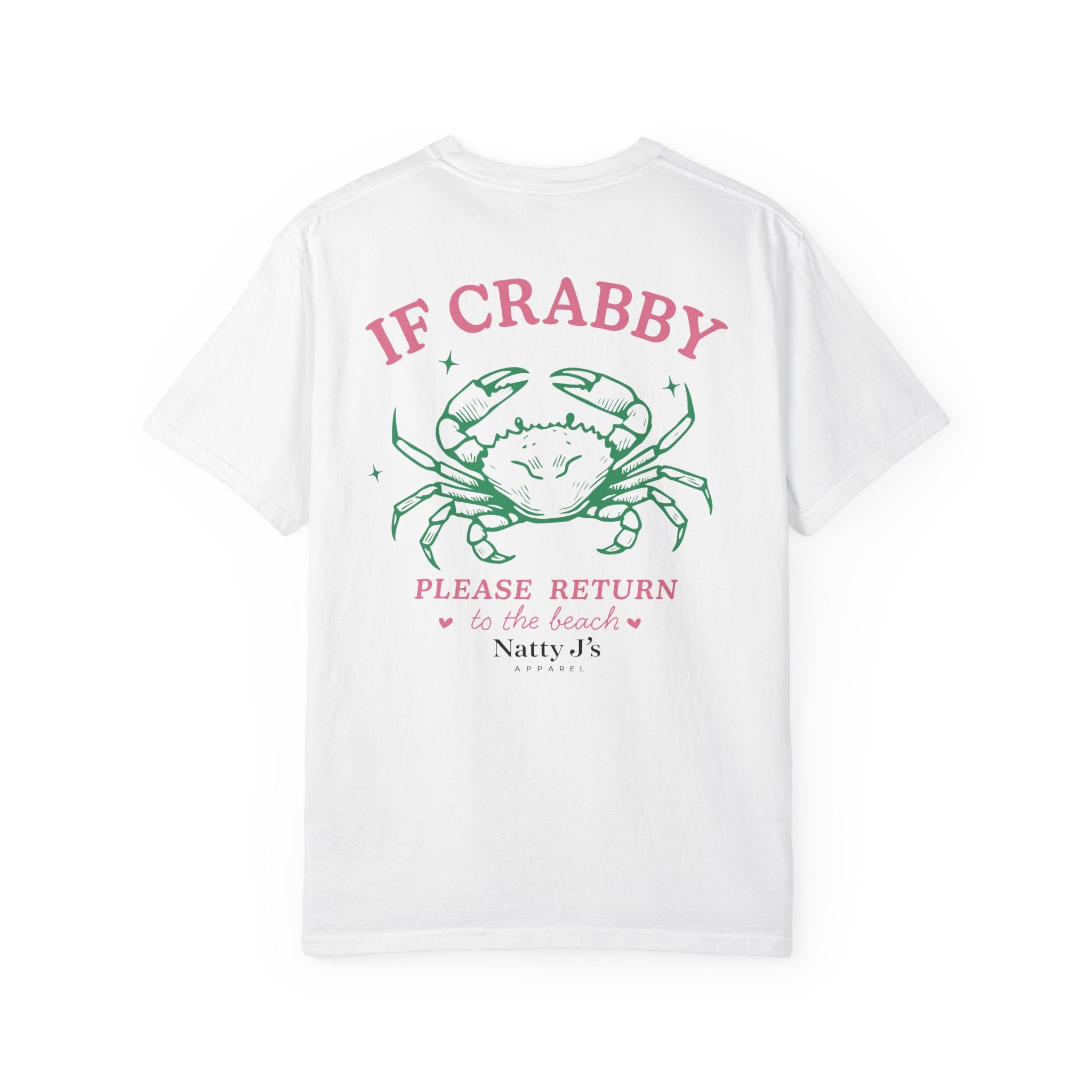White womens funny beach shirt with crab graphic and if crabby please return to the beach quote on light blue t-shirt
coastal womens graphic tee with crab illustration and pastel summer design
cute beach shirt for women with humorous ocean themed quote
summer vacation shirt for women with crab design and beach saying
trendy womens coastal t-shirt with funny beach phrase featuring NattyJ's Apparel