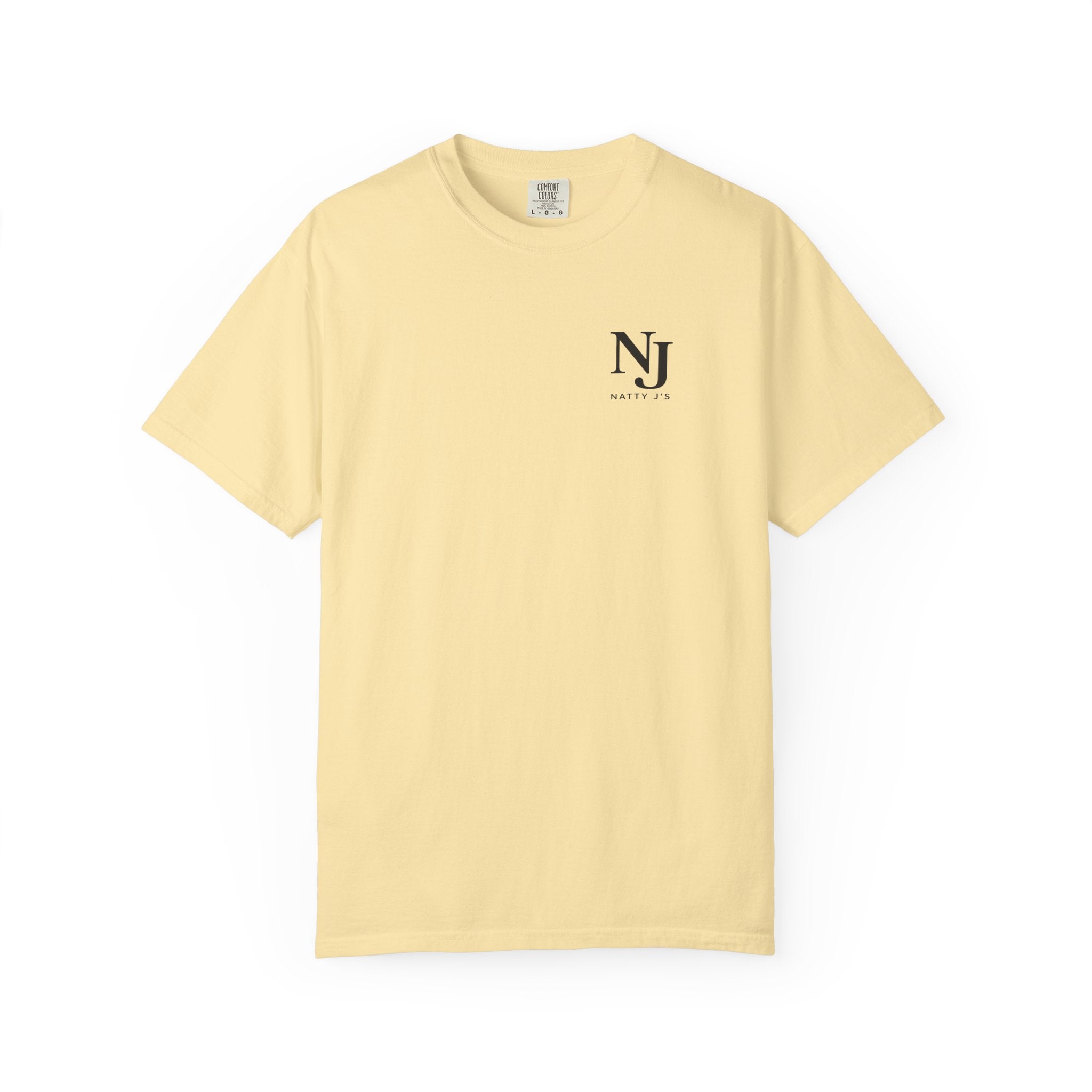 Yellow t-shirt with a 'NJ NattyJ's' Left Chest logo on a white background
