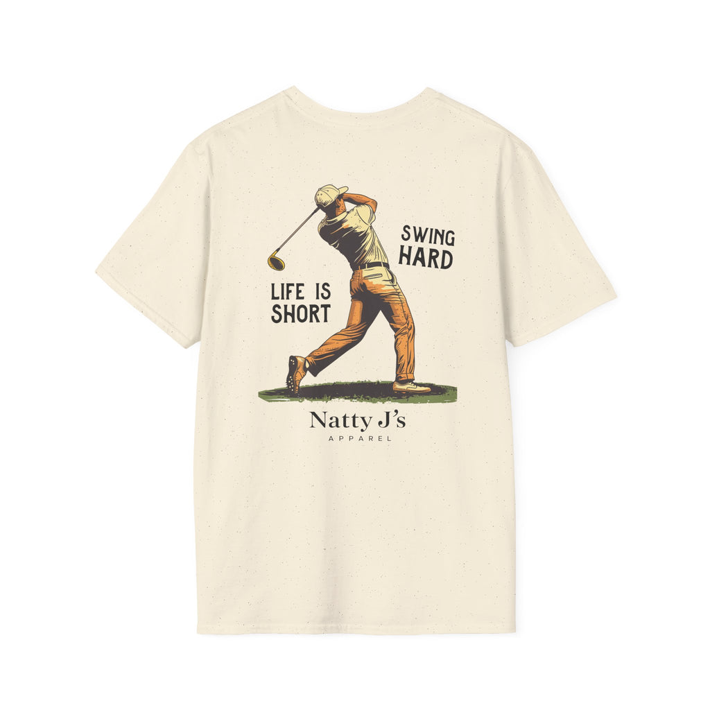 Beige (Natural) t-shirt with a graphic of a golfer and text on the back, featuring 'Natty J's Apparel' branding.