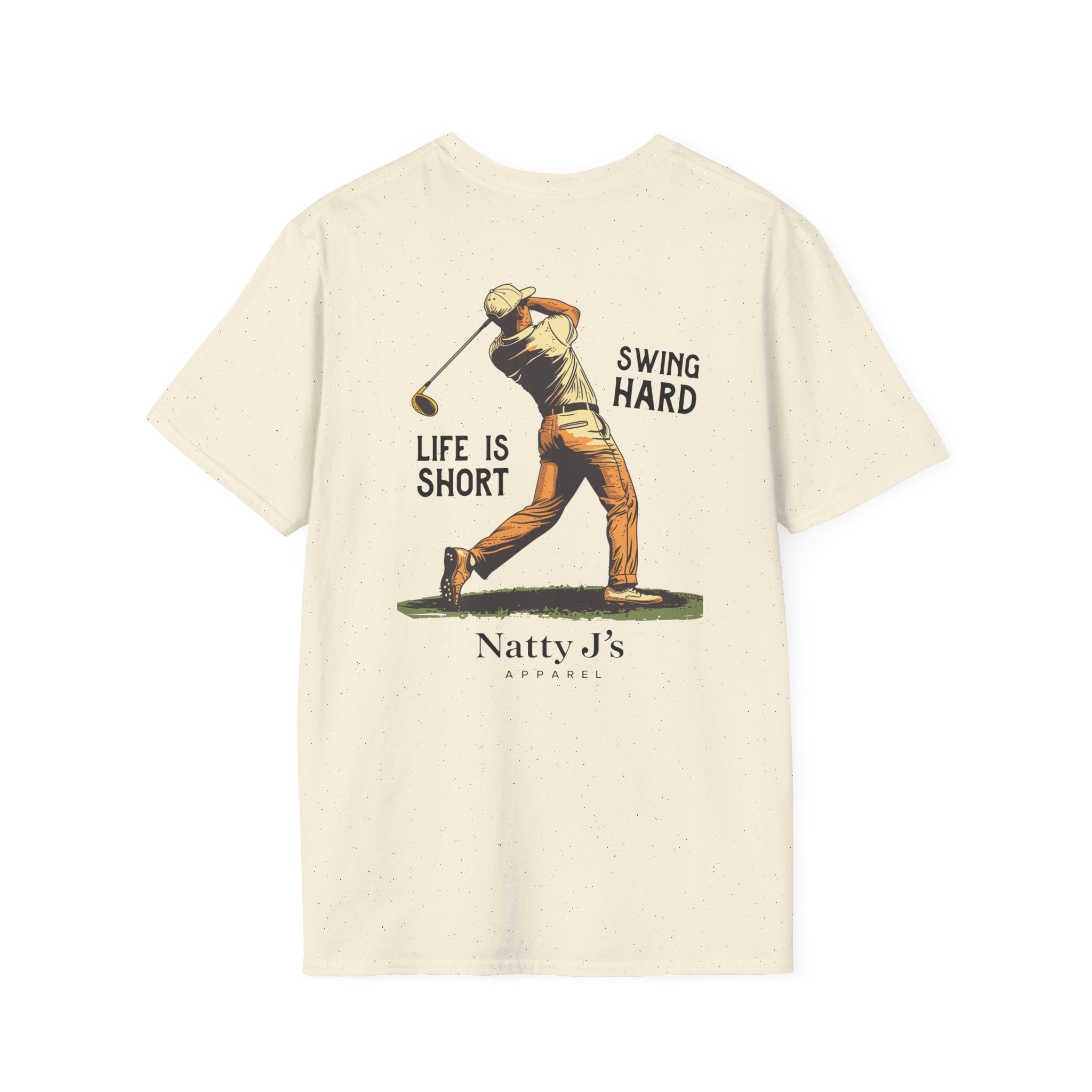 Beige (Natural) t-shirt with a graphic of a golfer and text on the back, featuring 'Natty J's Apparel' branding.