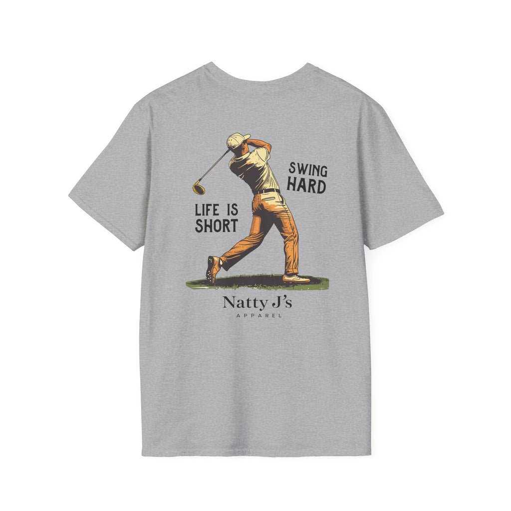 Gray t-shirt with a graphic of a golfer and text on the back, featuring 'Natty J's Apparel' branding.