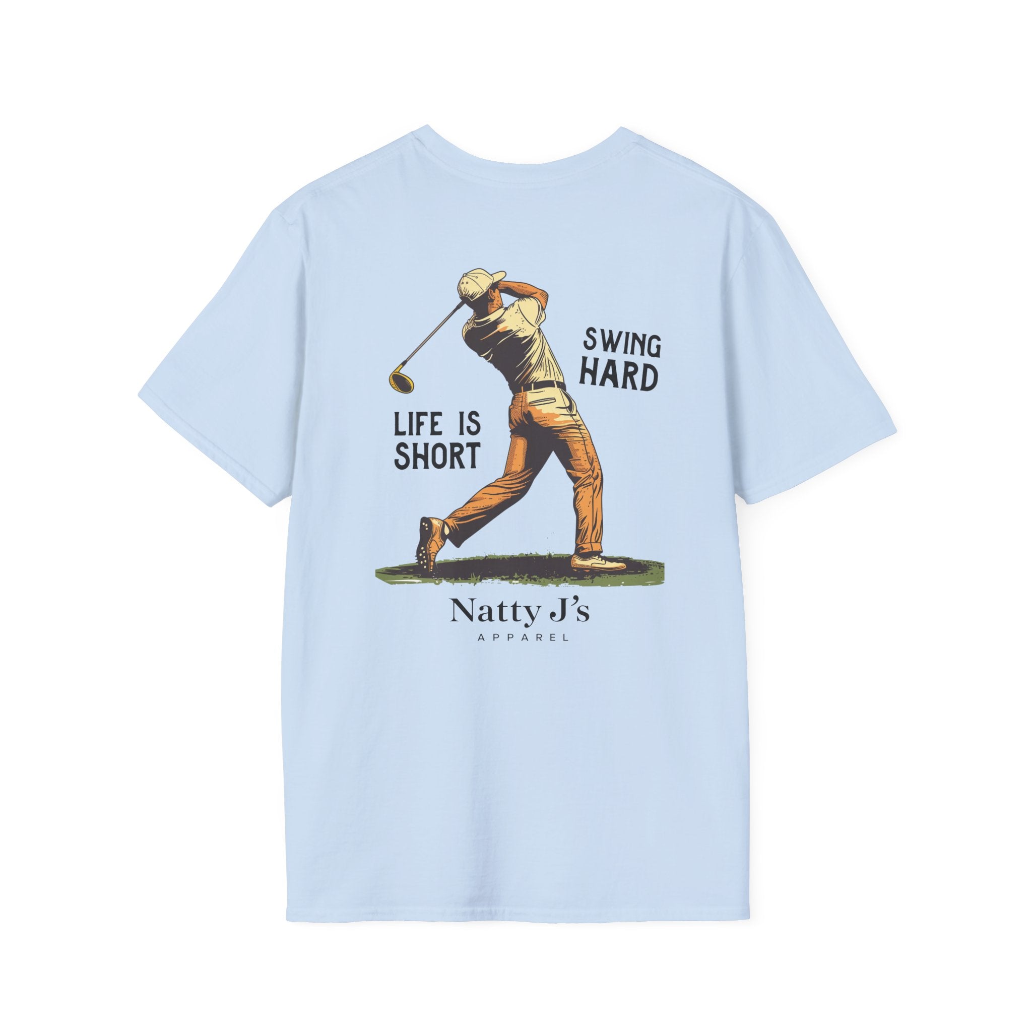 Light blue t-shirt with a graphic of a golfer and text on the back, featuring 'Natty J's Apparel' branding.