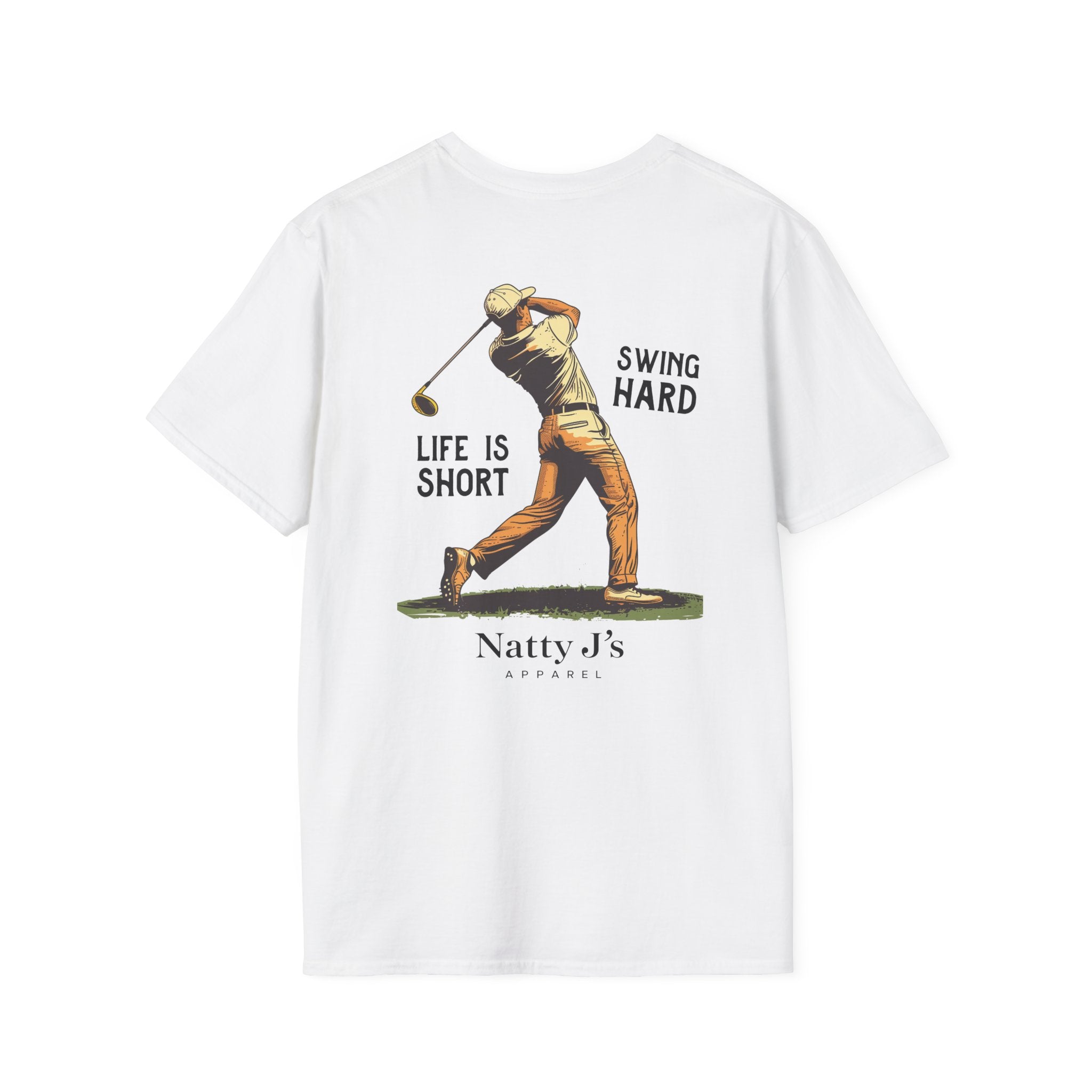 White t-shirt with a graphic of a golfer and text on the back, featuring 'Natty J's Apparel' branding.