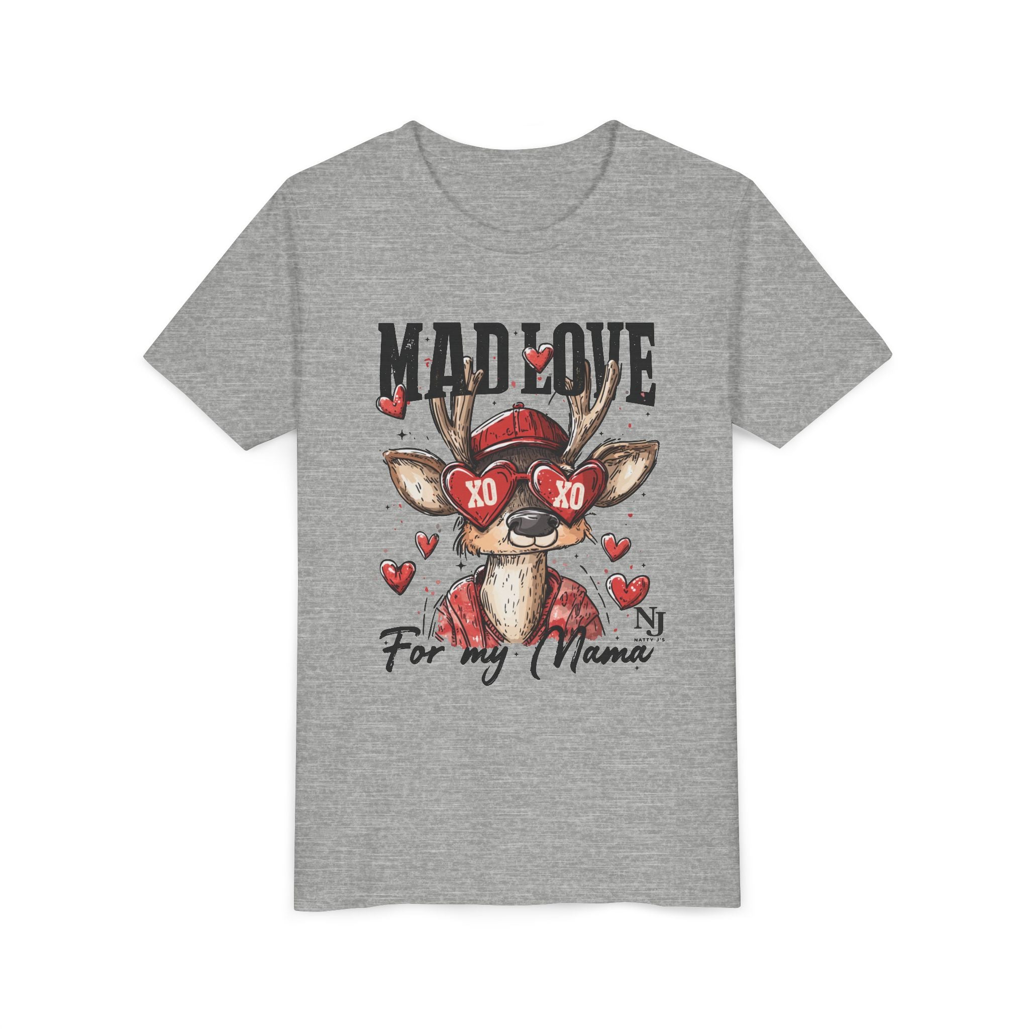 Gray t-shirt with a graphic of a deer wearing sunglasses and text 'Mad Love for my Mama' on a white background
