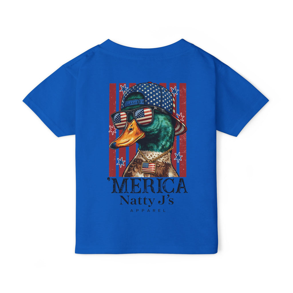 Blue kids patriotic duck shirt with American flag hat and sunglasses on gray t-shirt
funny merica duck kids shirt with red white blue flag background
kids 4th of July shirt with mallard duck patriotic design
youth american flag graphic tee with duck wearing sunglasses
funny patriotic animal shirt for kids summer outfit featuring NattyJ's Apparel