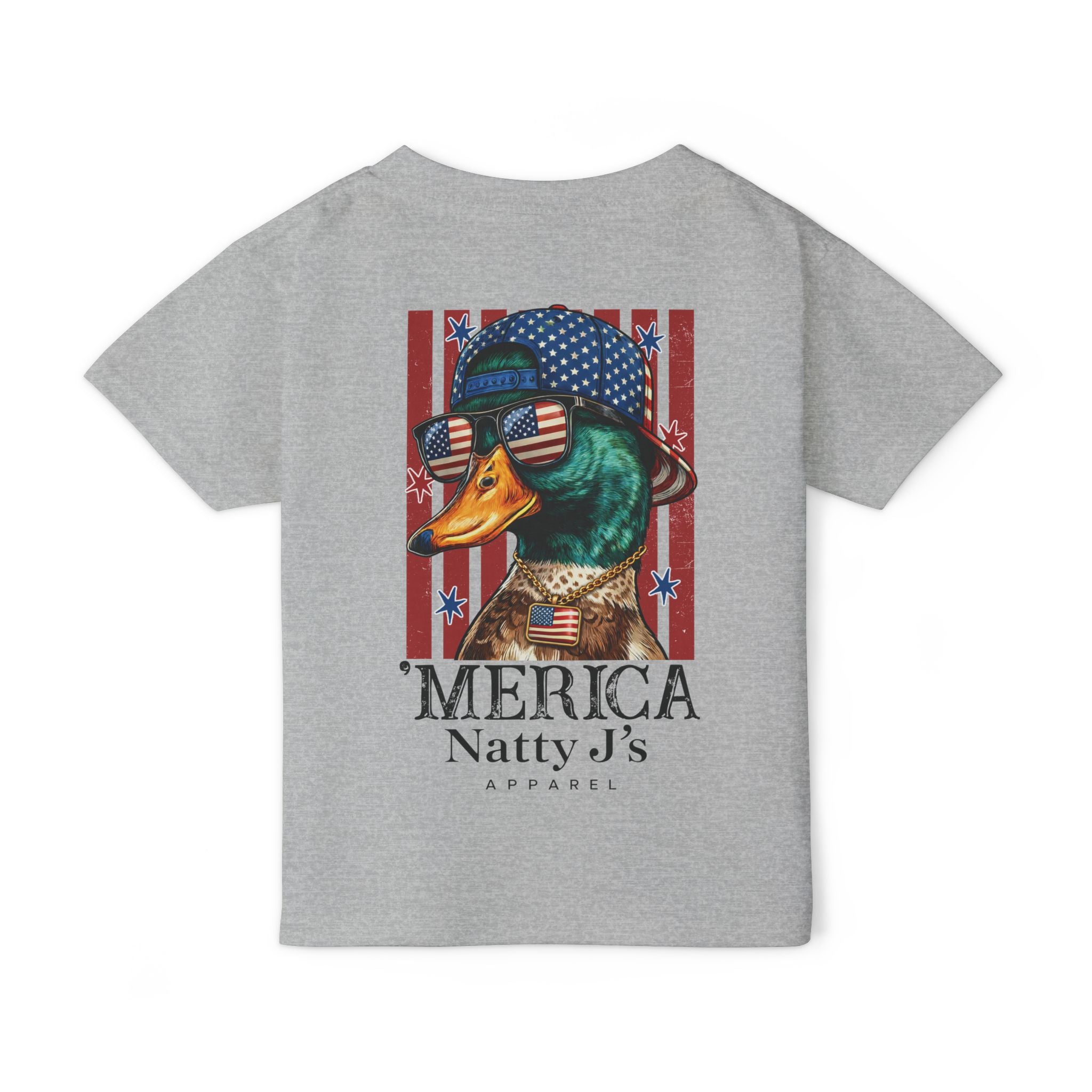 Grey youth patriotic duck shirt with American flag hat and sunglasses on gray t-shirt
funny merica duck kids shirt with red white blue flag background
kids 4th of July shirt with mallard duck patriotic design
youth american flag graphic tee with duck wearing sunglasses
funny patriotic animal shirt for kids summer outfit featuring NattyJ's Apparel