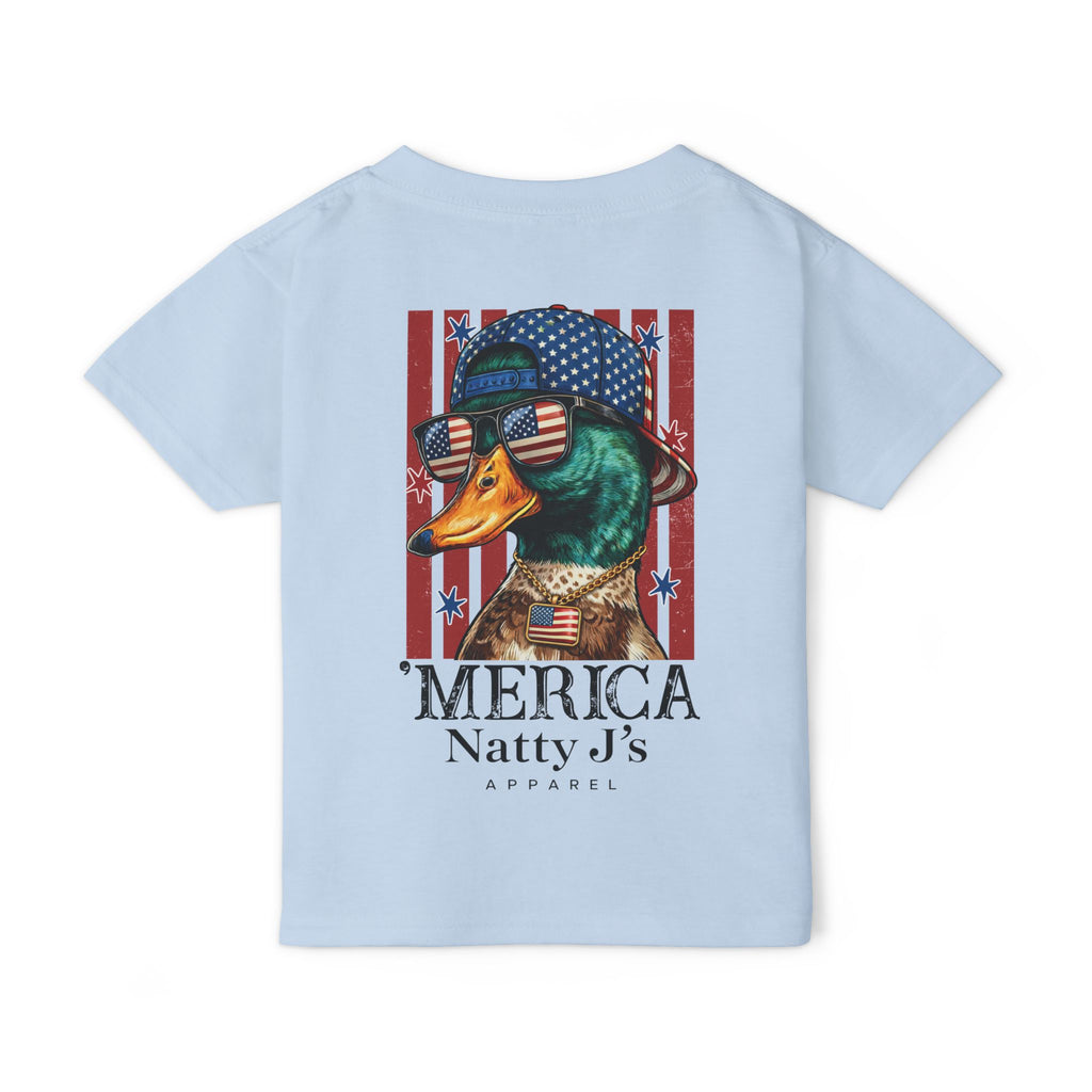Light Blue Kids patriotic duck shirt with American flag hat and sunglasses on gray t-shirt
funny merica duck kids shirt with red white blue flag background
kids 4th of July shirt with mallard duck patriotic design
youth american flag graphic tee with duck wearing sunglasses
funny patriotic animal shirt for kids summer outfit Featuring NattyJ's Apparel