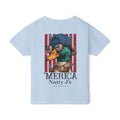 Light Blue Kids patriotic duck shirt with American flag hat and sunglasses on gray t-shirt
funny merica duck kids shirt with red white blue flag background
kids 4th of July shirt with mallard duck patriotic design
youth american flag graphic tee with duck wearing sunglasses
funny patriotic animal shirt for kids summer outfit Featuring NattyJ's Apparel