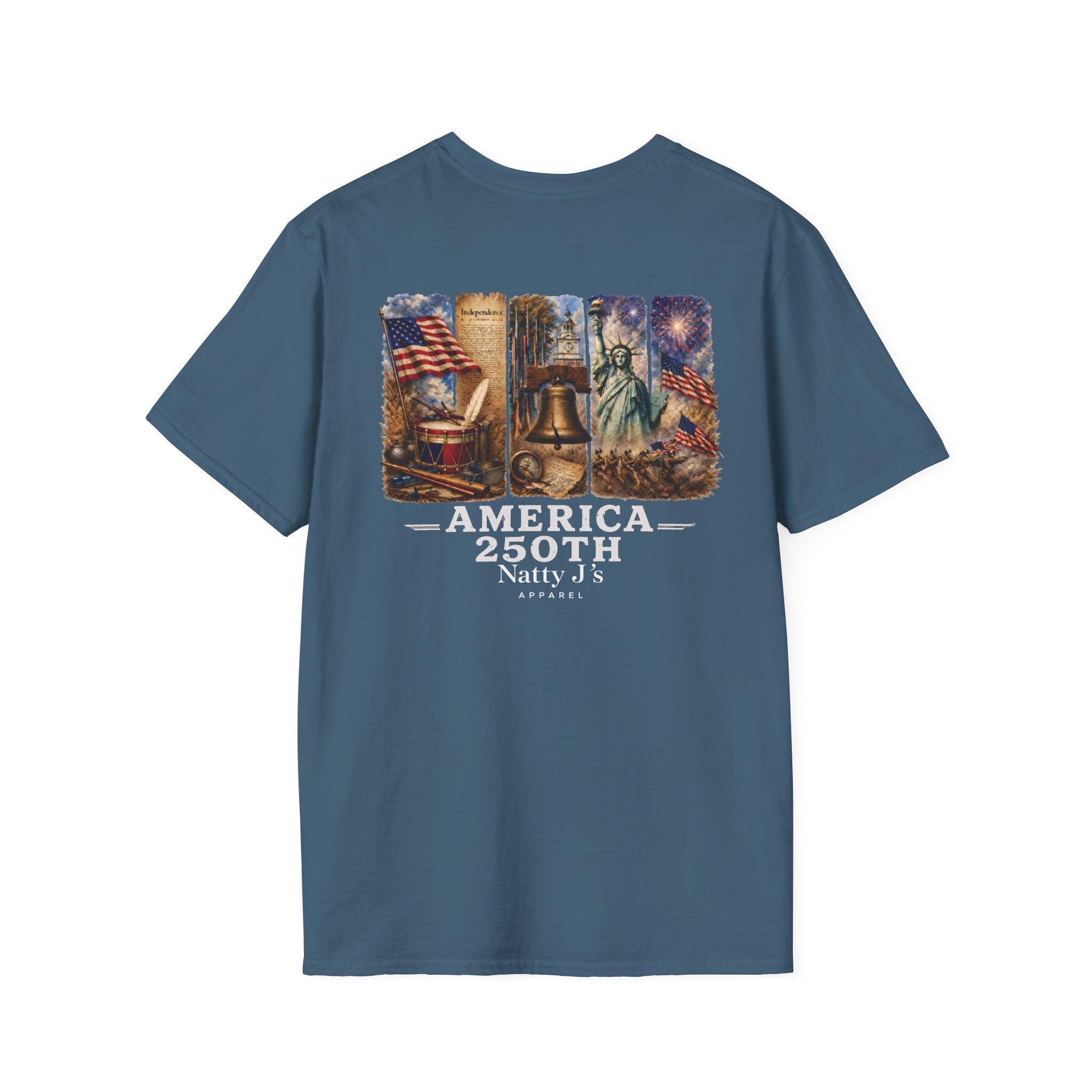 Blue t-shirt with American-themed graphic and text on a white background
