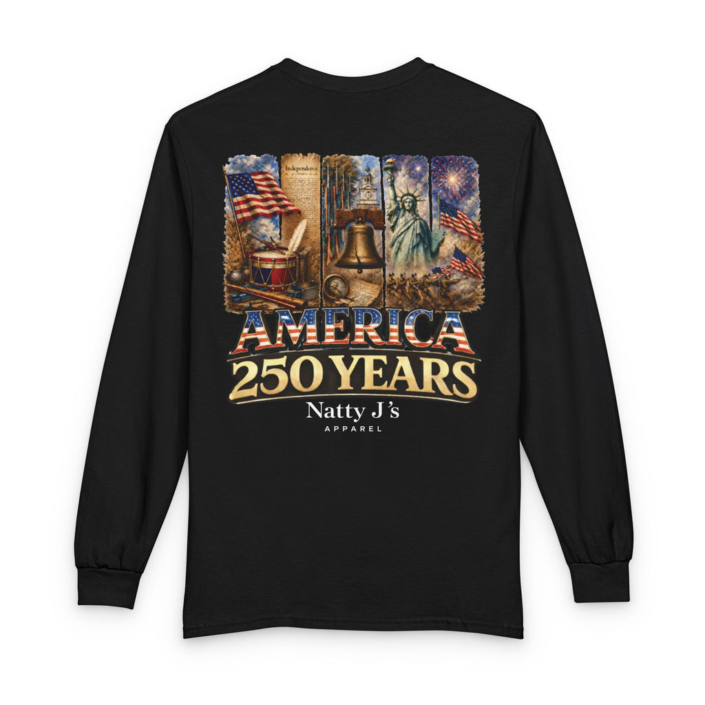 Black long-sleeve shirt with 'America 250 Years' design featuring historical symbols on a white background.