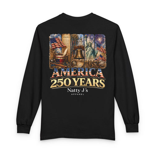 Black long-sleeve shirt with 'America 250 Years' design featuring historical symbols on a white background.