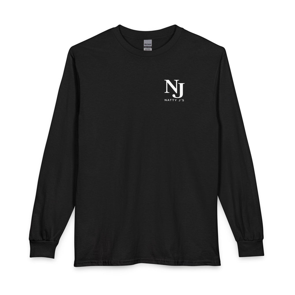 Black long-sleeve shirt with a logo on a white background