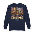 Navy long-sleeve shirt with 'America 250 Years' design featuring historical symbols on a white background.