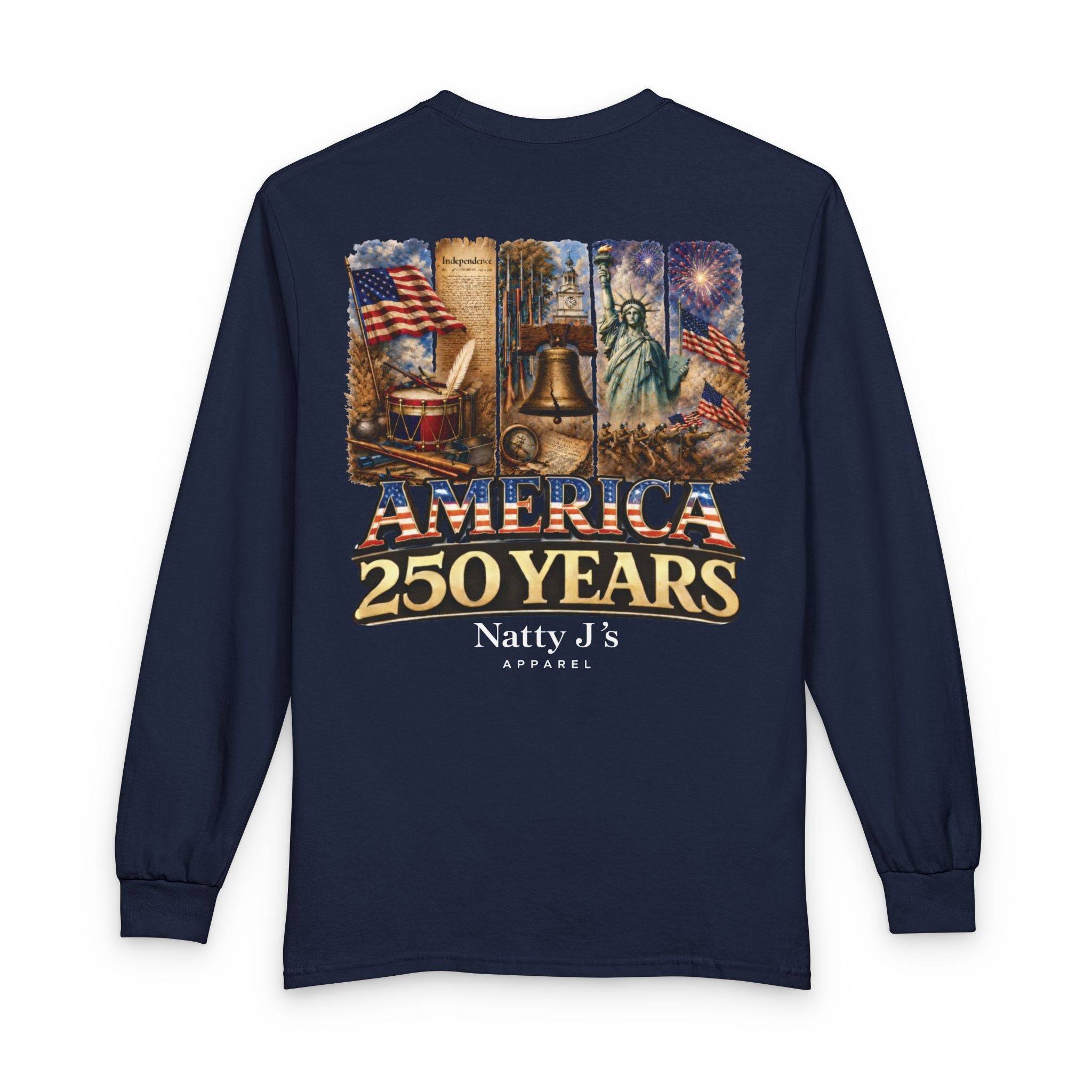 Navy long-sleeve shirt with 'America 250 Years' design featuring historical symbols on a white background.