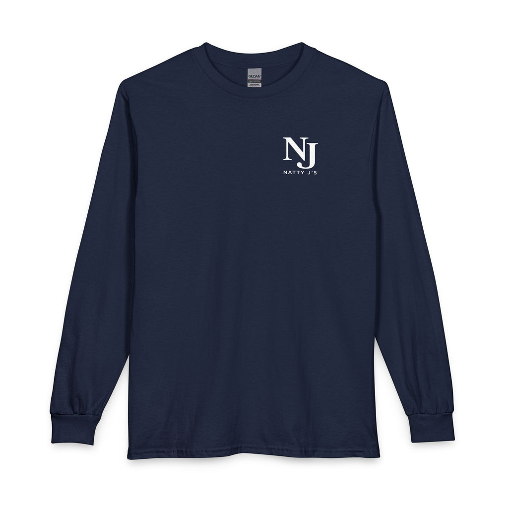 Navy long-sleeve shirt with a logo on a white background