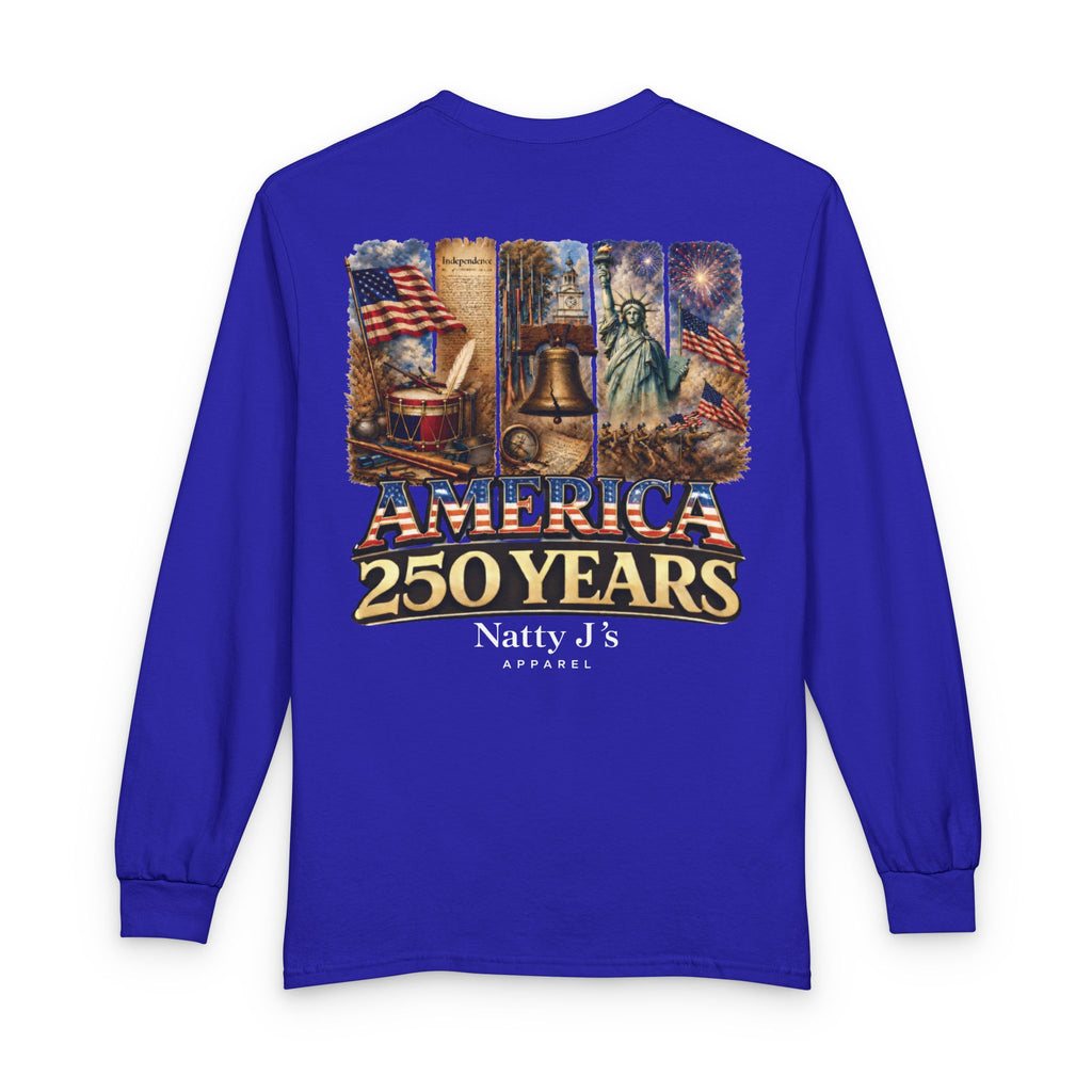 Blue long-sleeve shirt with 'America 250 Years' design on a white background