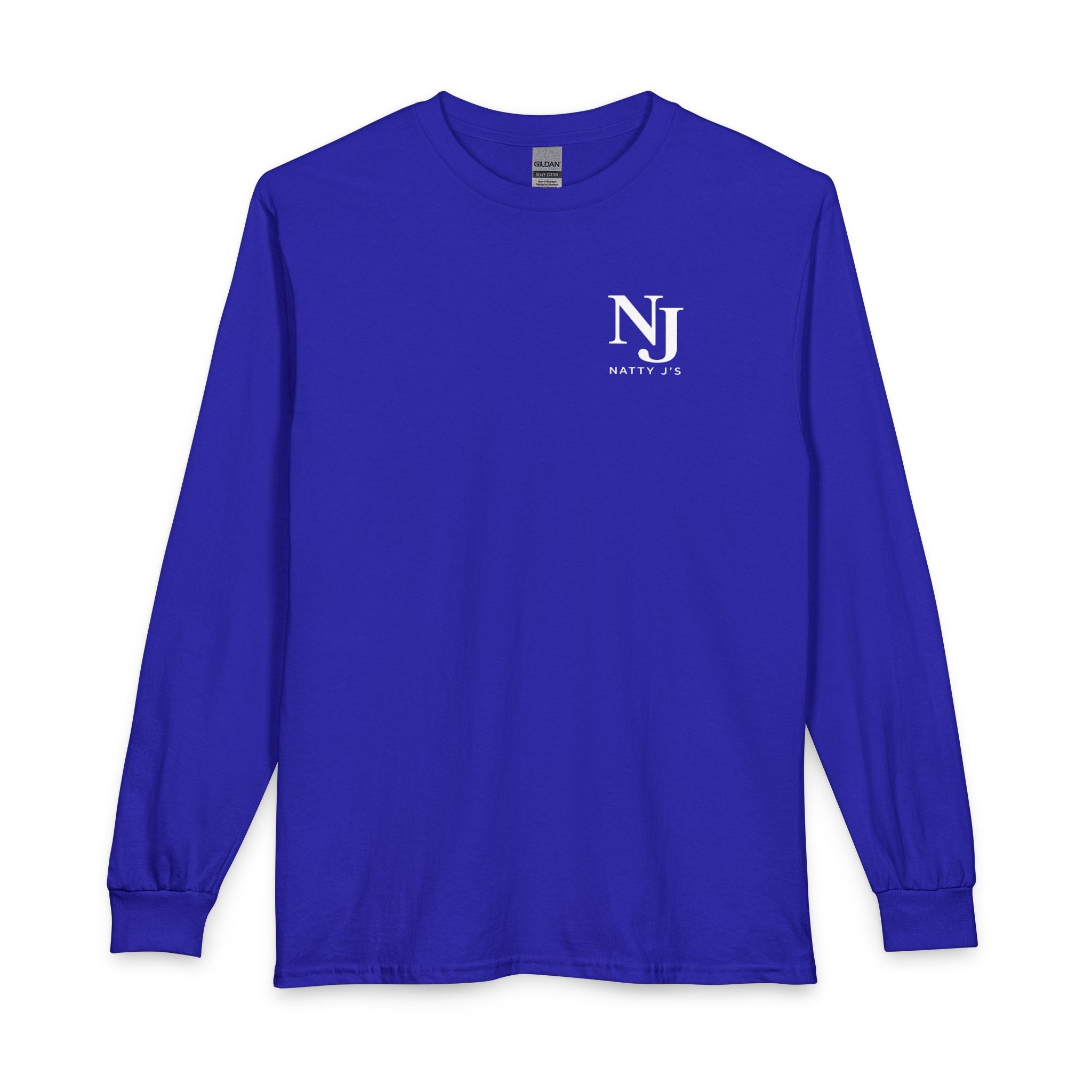 Blue long-sleeve shirt with a logo on the chest against a white background
