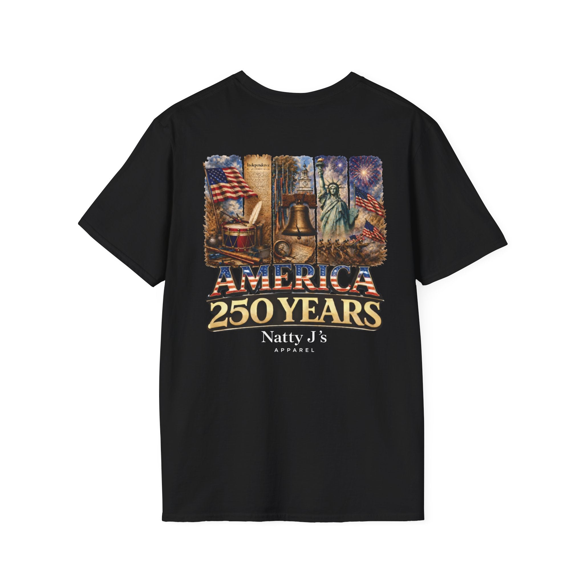 Black t-shirt with 'America 250 Years' graphic design on a white background